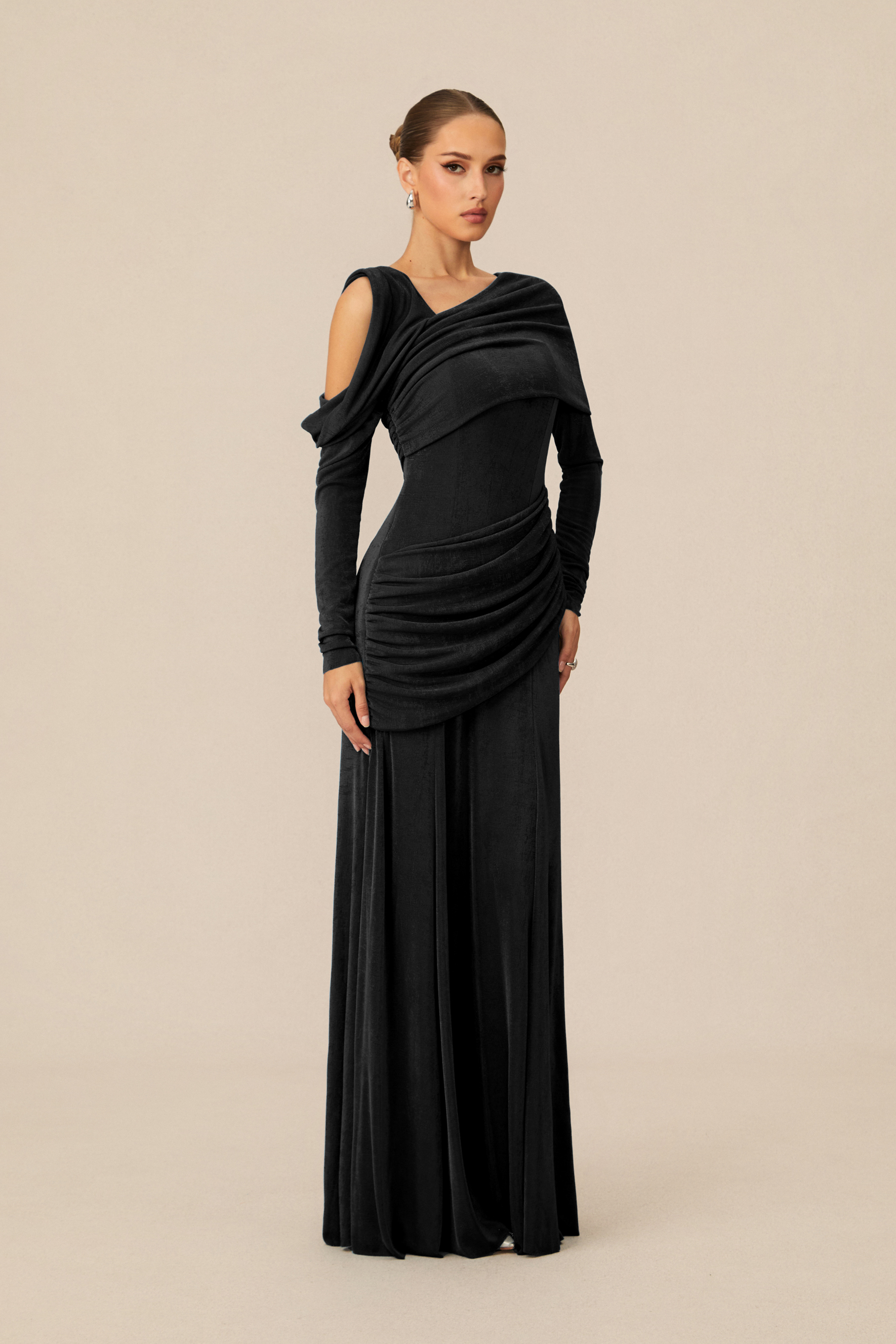 Judith Asymmetric Ruched Long Sleeve Maxi Dress-purelyfable