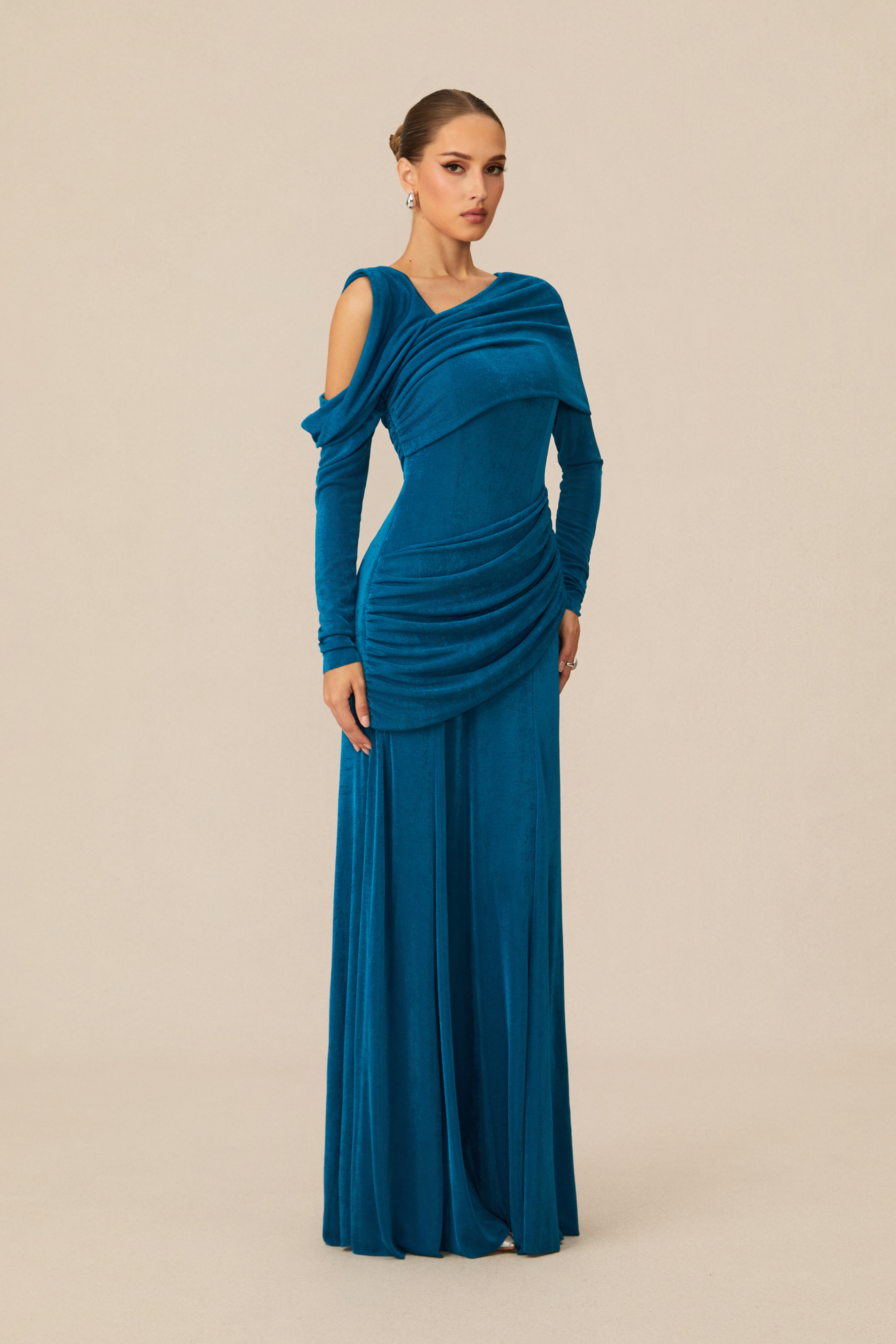 Judith Asymmetric Ruched Long Sleeve Maxi Dress-purelyfable