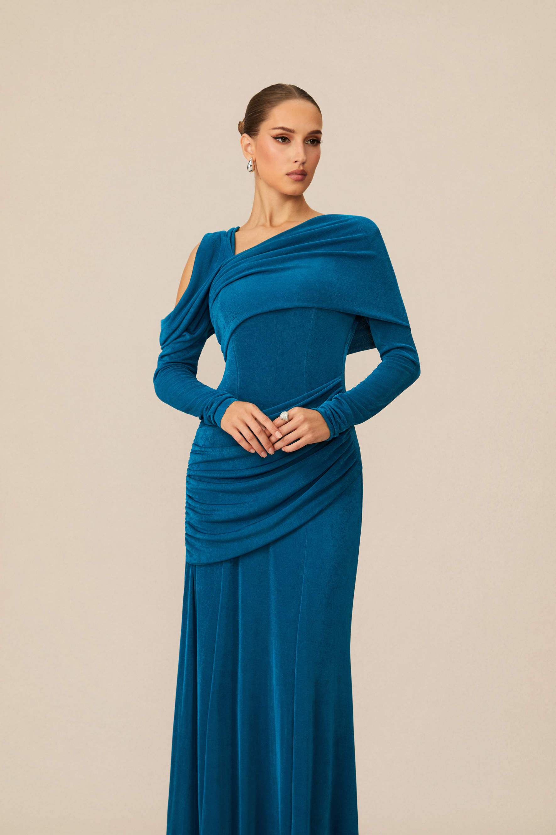 Judith Asymmetric Ruched Long Sleeve Maxi Dress-purelyfable