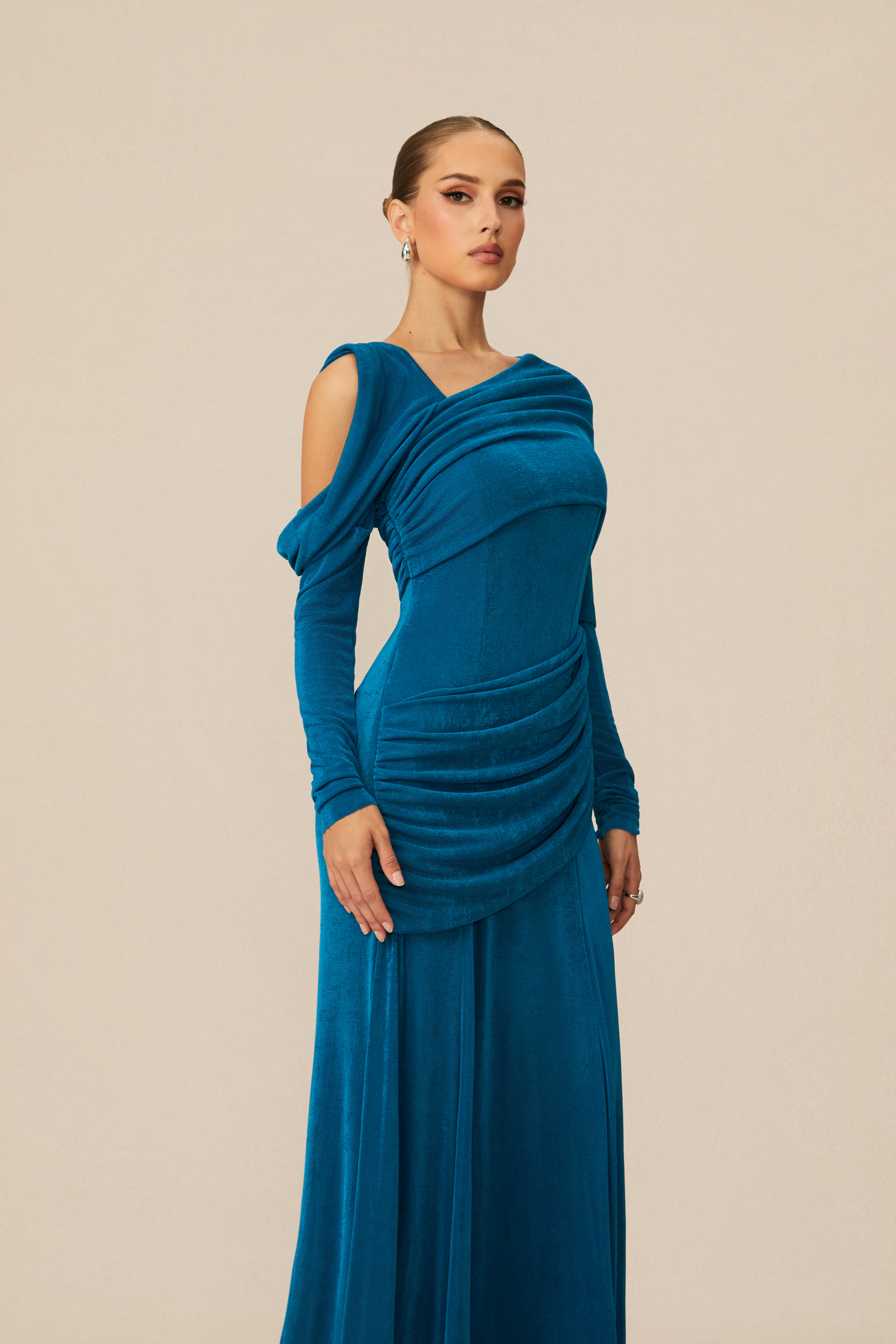 Judith Asymmetric Ruched Long Sleeve Maxi Dress-purelyfable