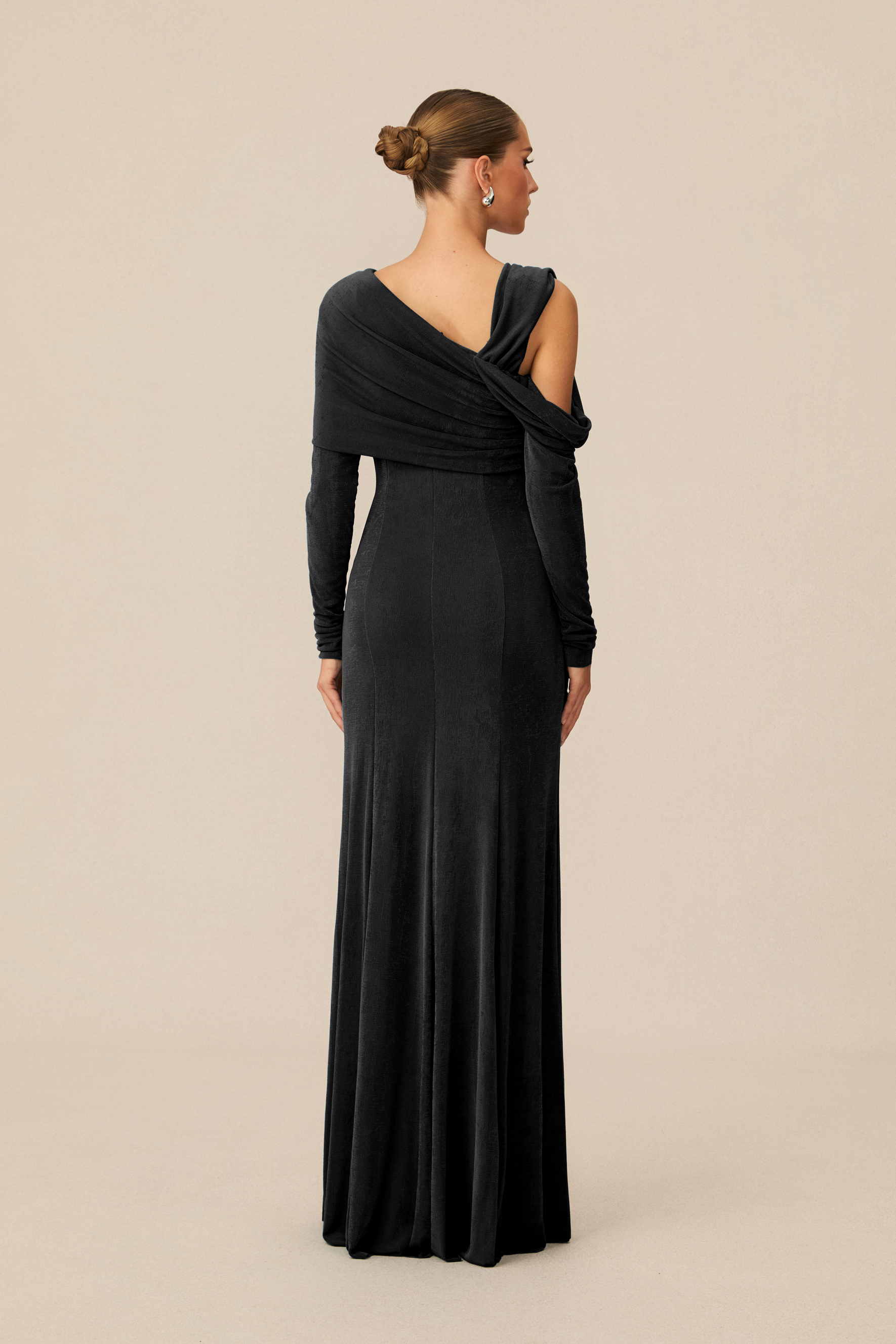 Judith Asymmetric Ruched Long Sleeve Maxi Dress-purelyfable