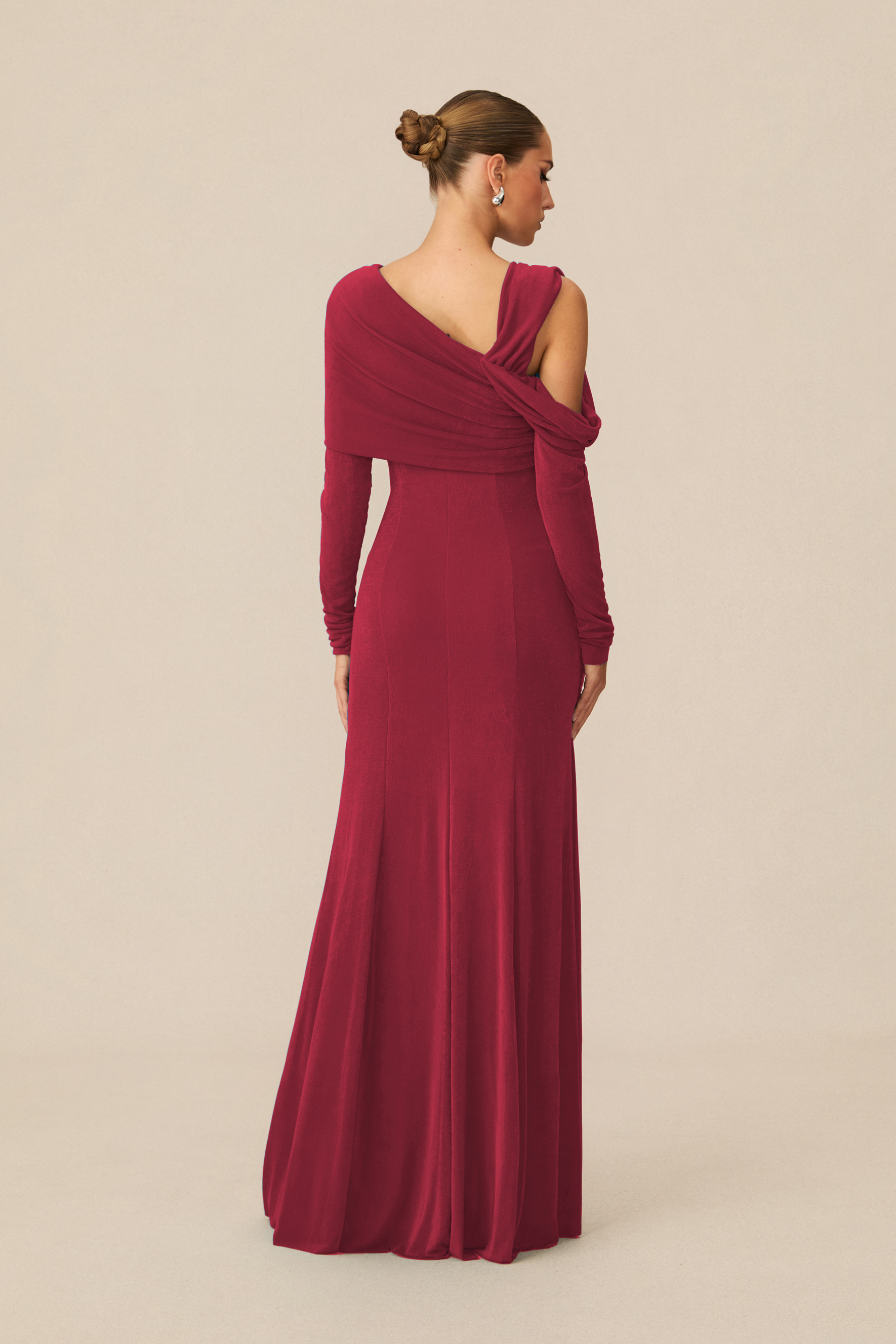 Judith Asymmetric Ruched Long Sleeve Maxi Dress-purelyfable