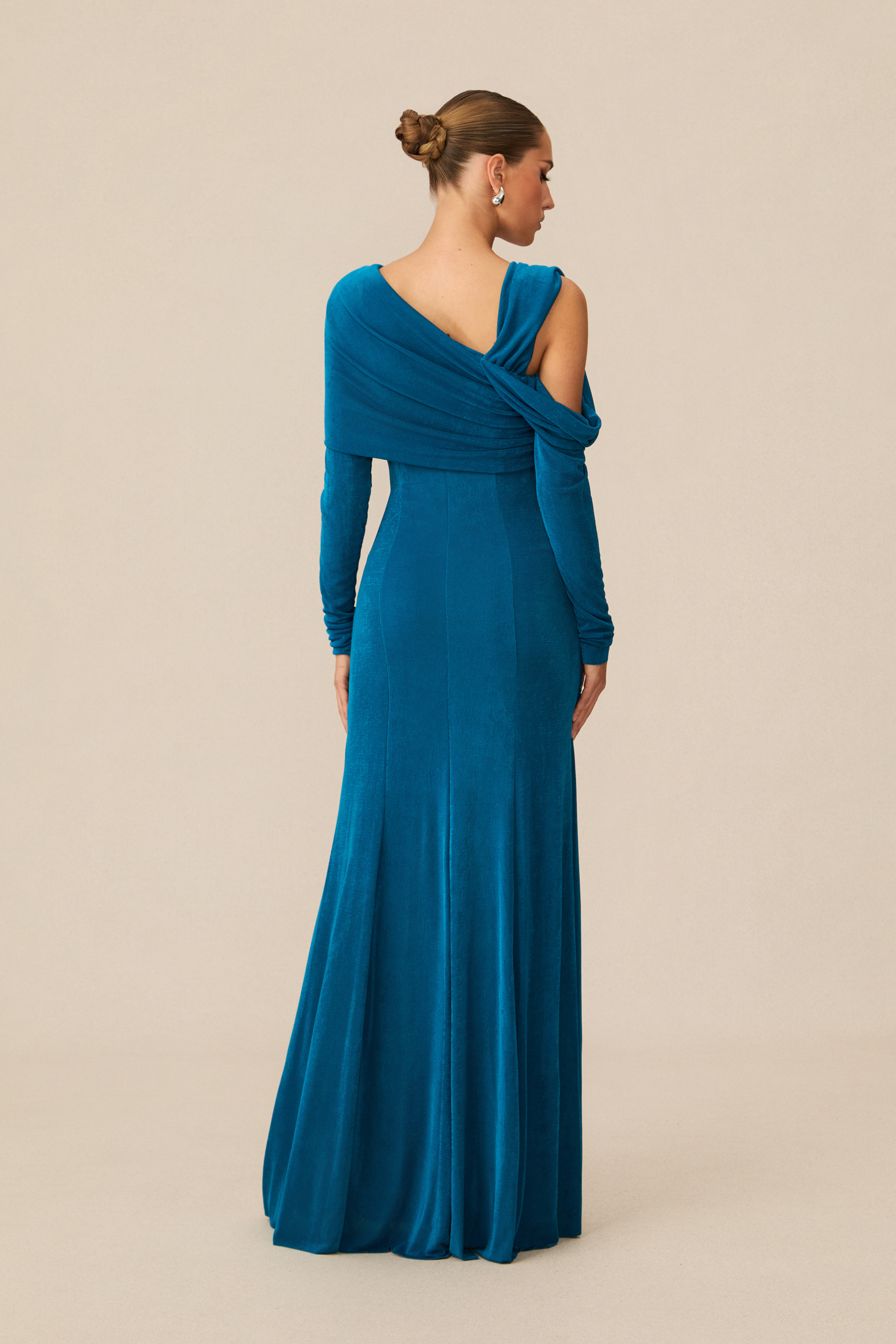 Judith Asymmetric Ruched Long Sleeve Maxi Dress-purelyfable