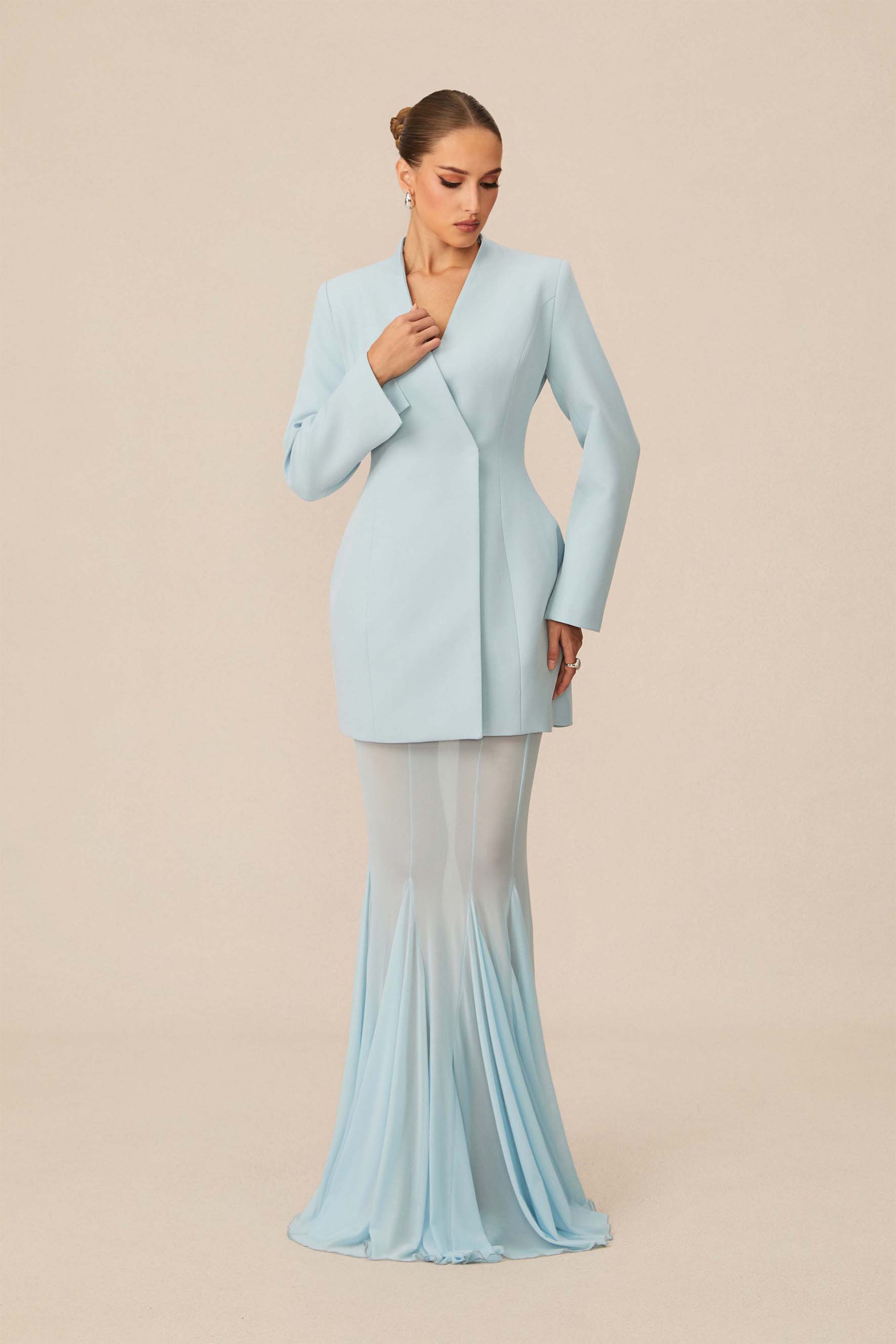 Myra Asymmetric Tailored Blazer & Sheer Mesh Skirt Set-purelyfable