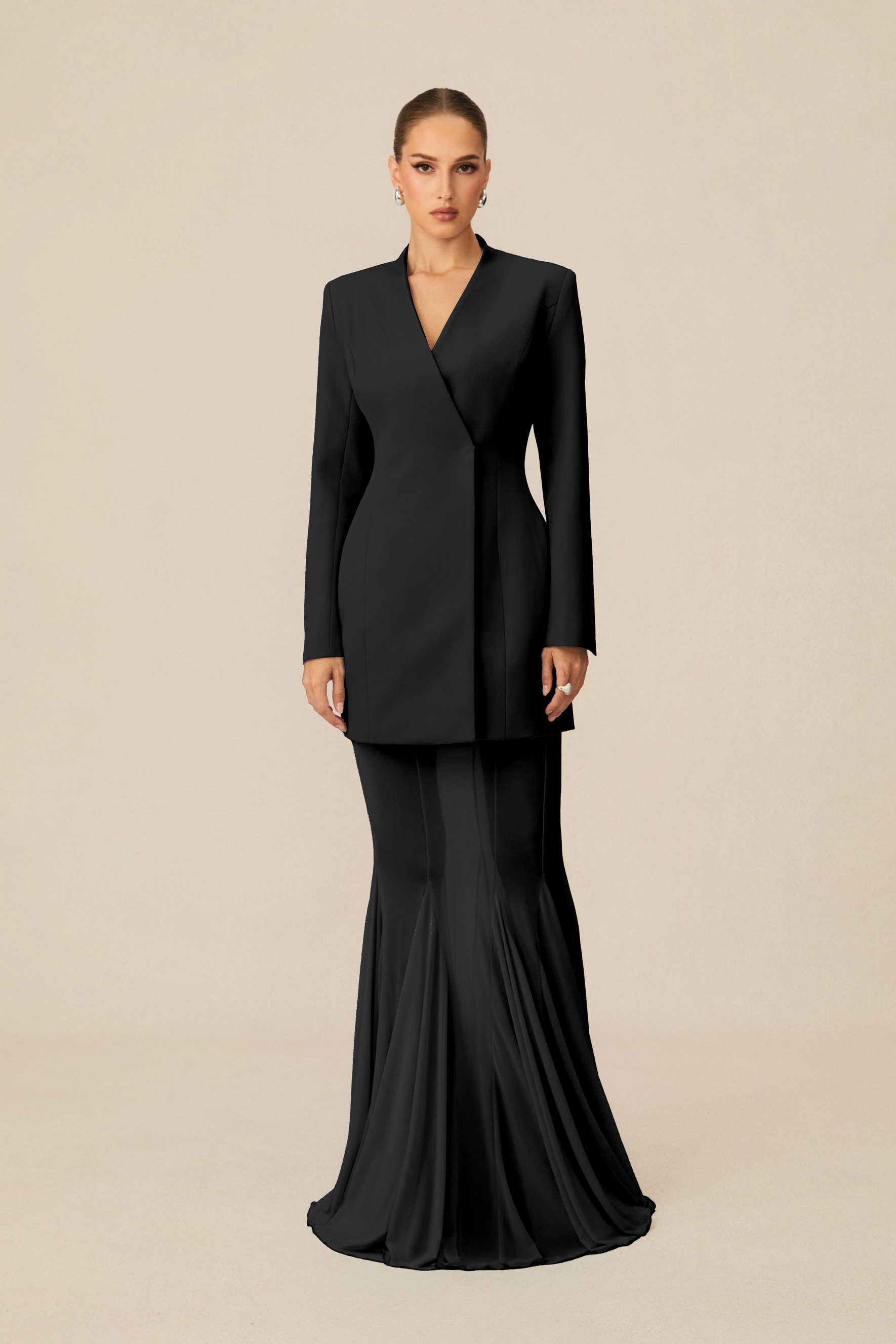 Myra Asymmetric Tailored Blazer & Sheer Mesh Skirt Set-purelyfable