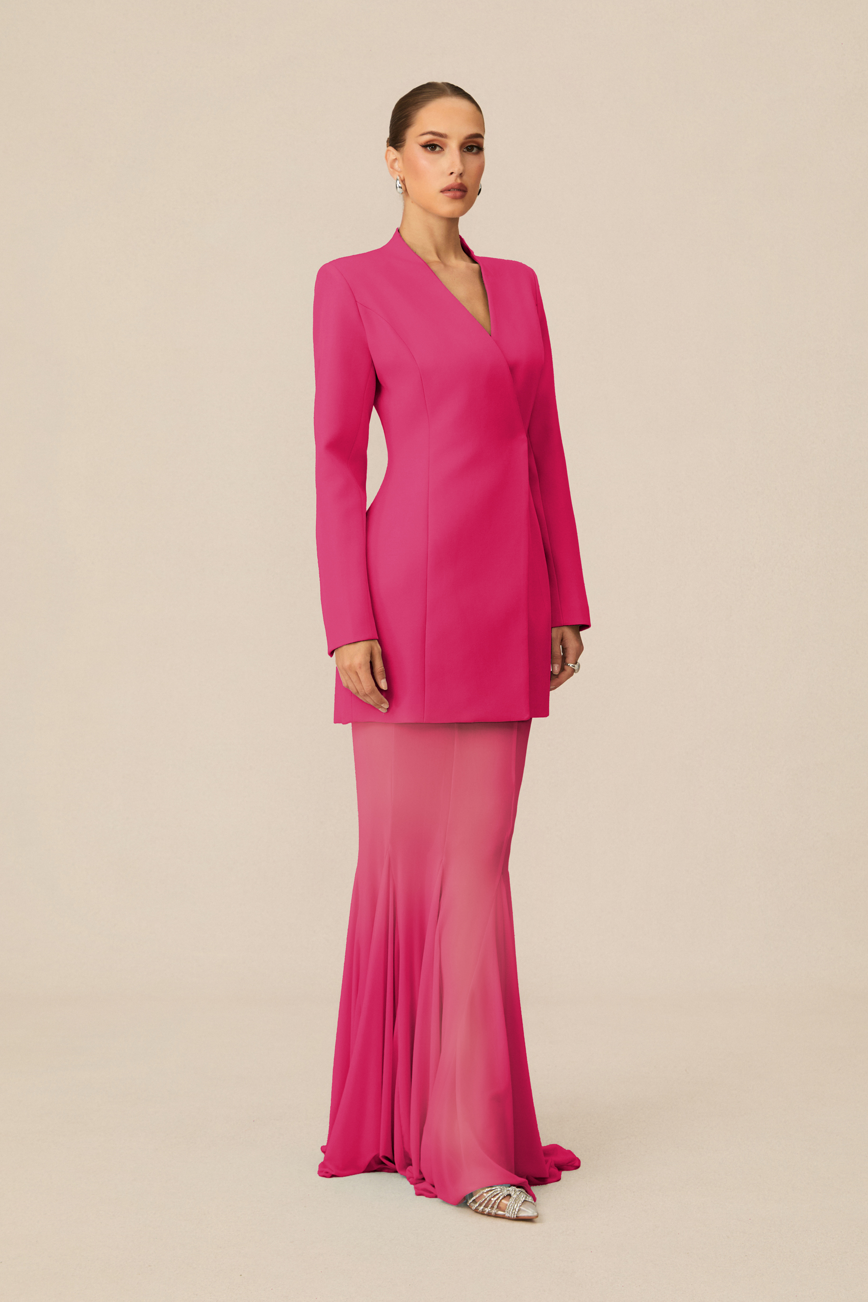 Myra Asymmetric Tailored Blazer & Sheer Mesh Skirt Set-purelyfable