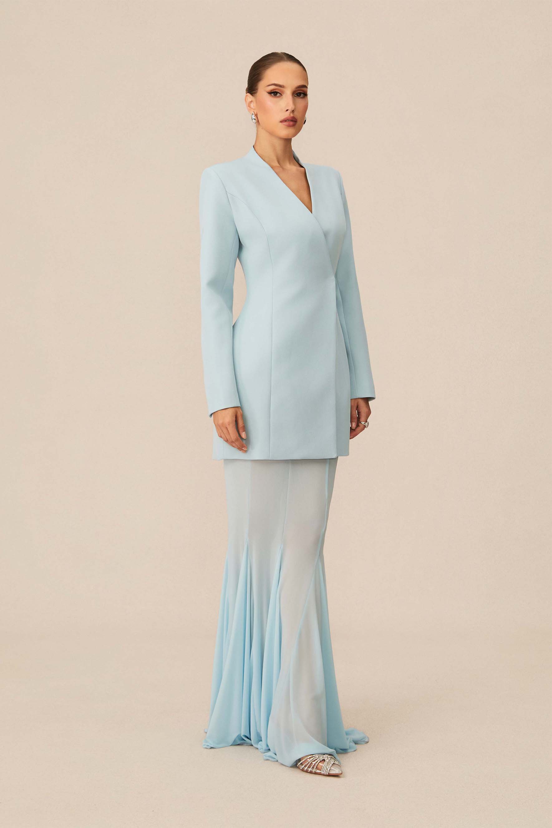 Myra Asymmetric Tailored Blazer & Sheer Mesh Skirt Set-purelyfable