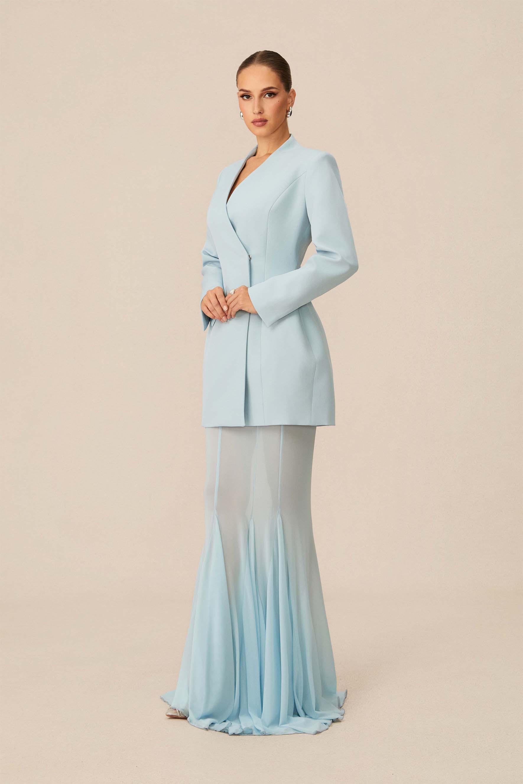 Myra Asymmetric Tailored Blazer & Sheer Mesh Skirt Set-purelyfable