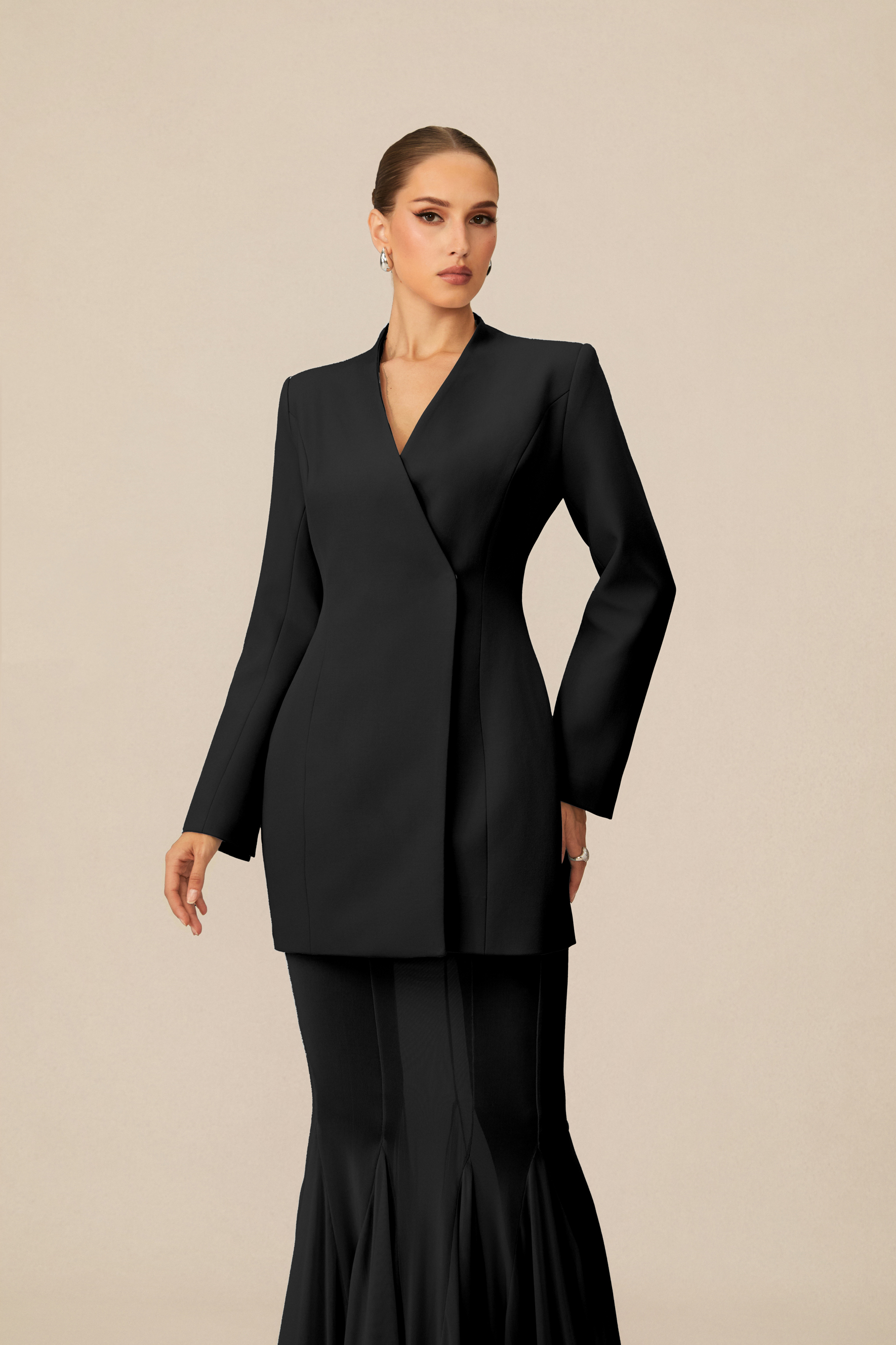 Myra Asymmetric Tailored Blazer & Sheer Mesh Skirt Set-purelyfable