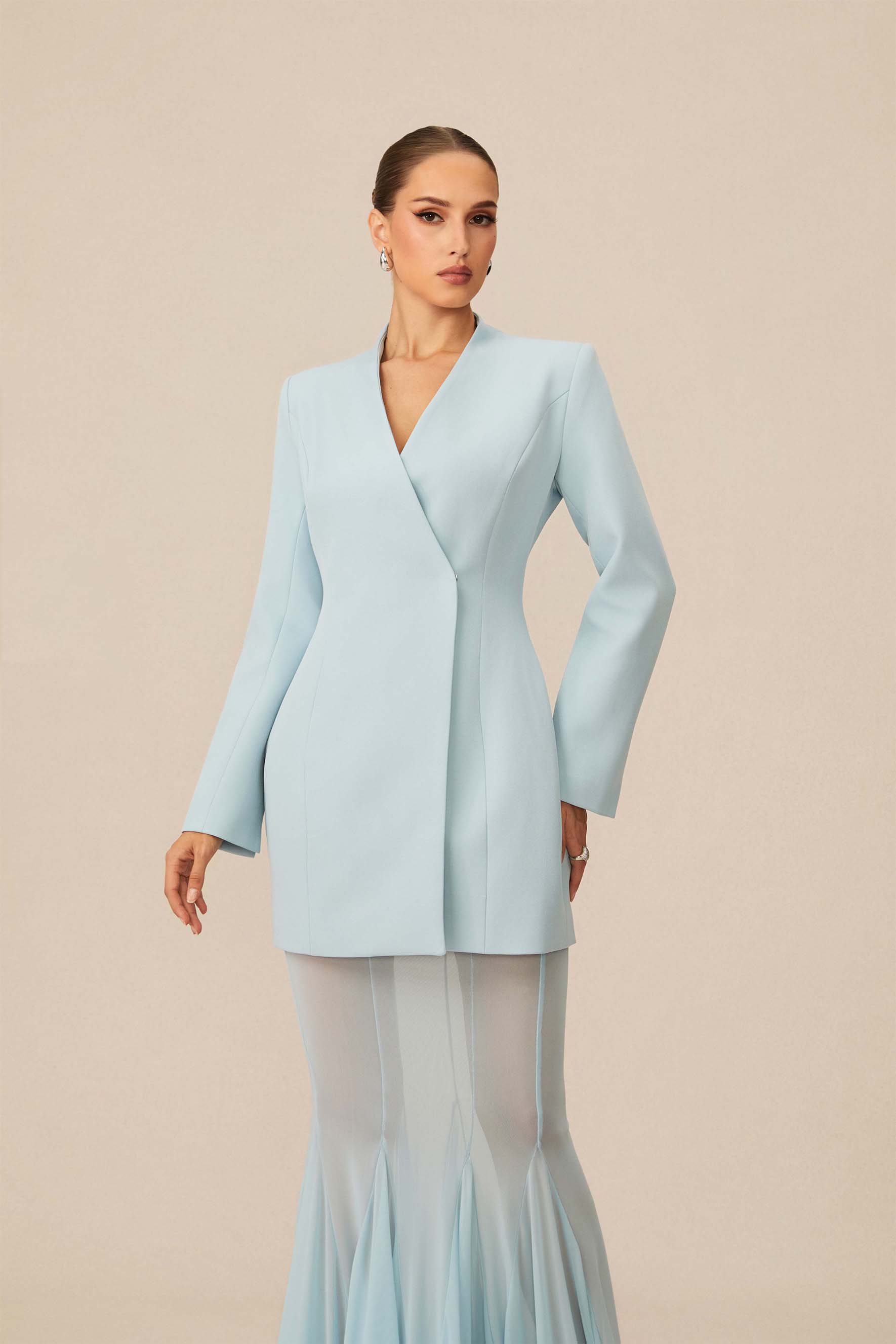 Myra Asymmetric Tailored Blazer & Sheer Mesh Skirt Set-purelyfable
