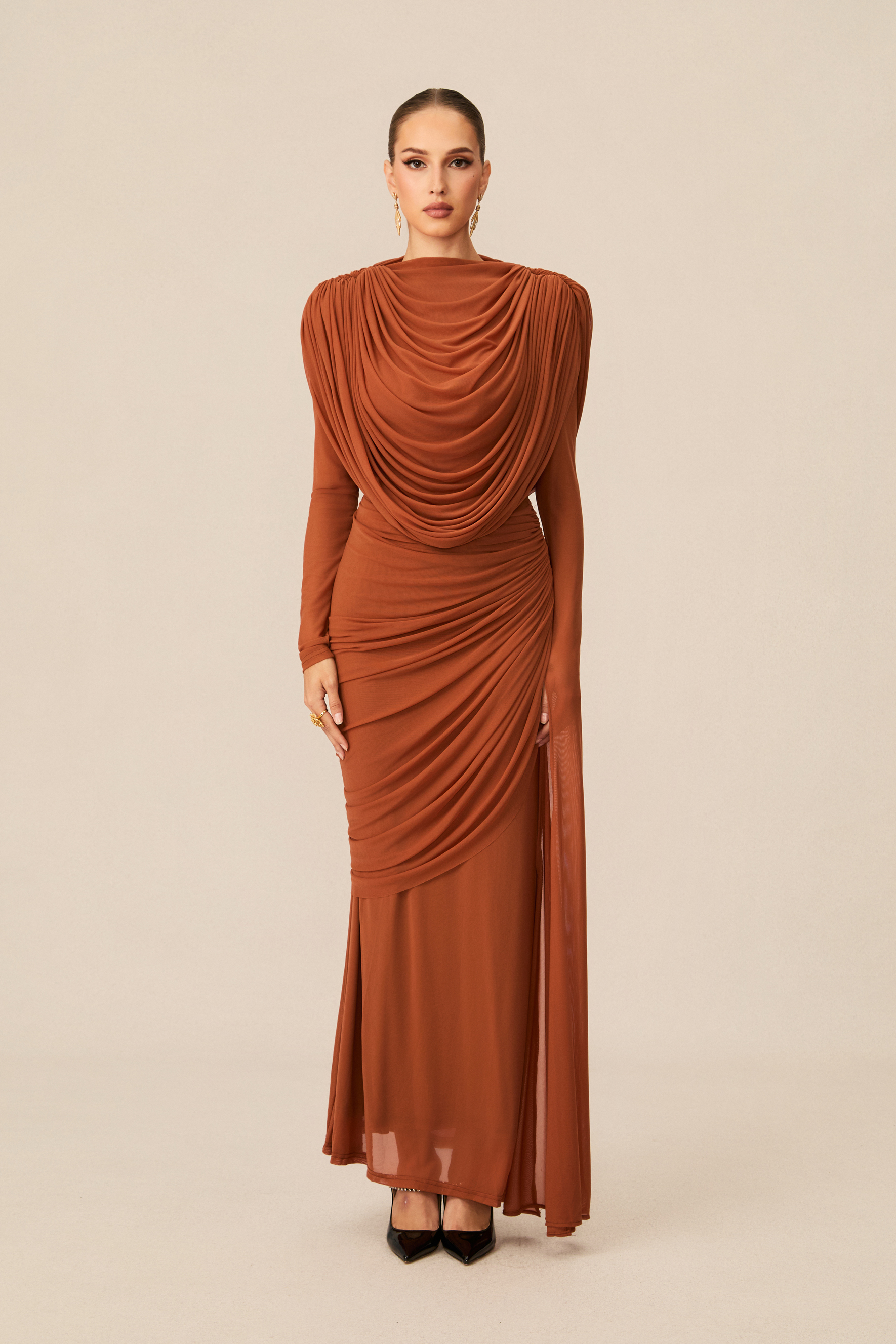 Katrina Cowl Neck Long Sleeve Maxi Dress-purelyfable