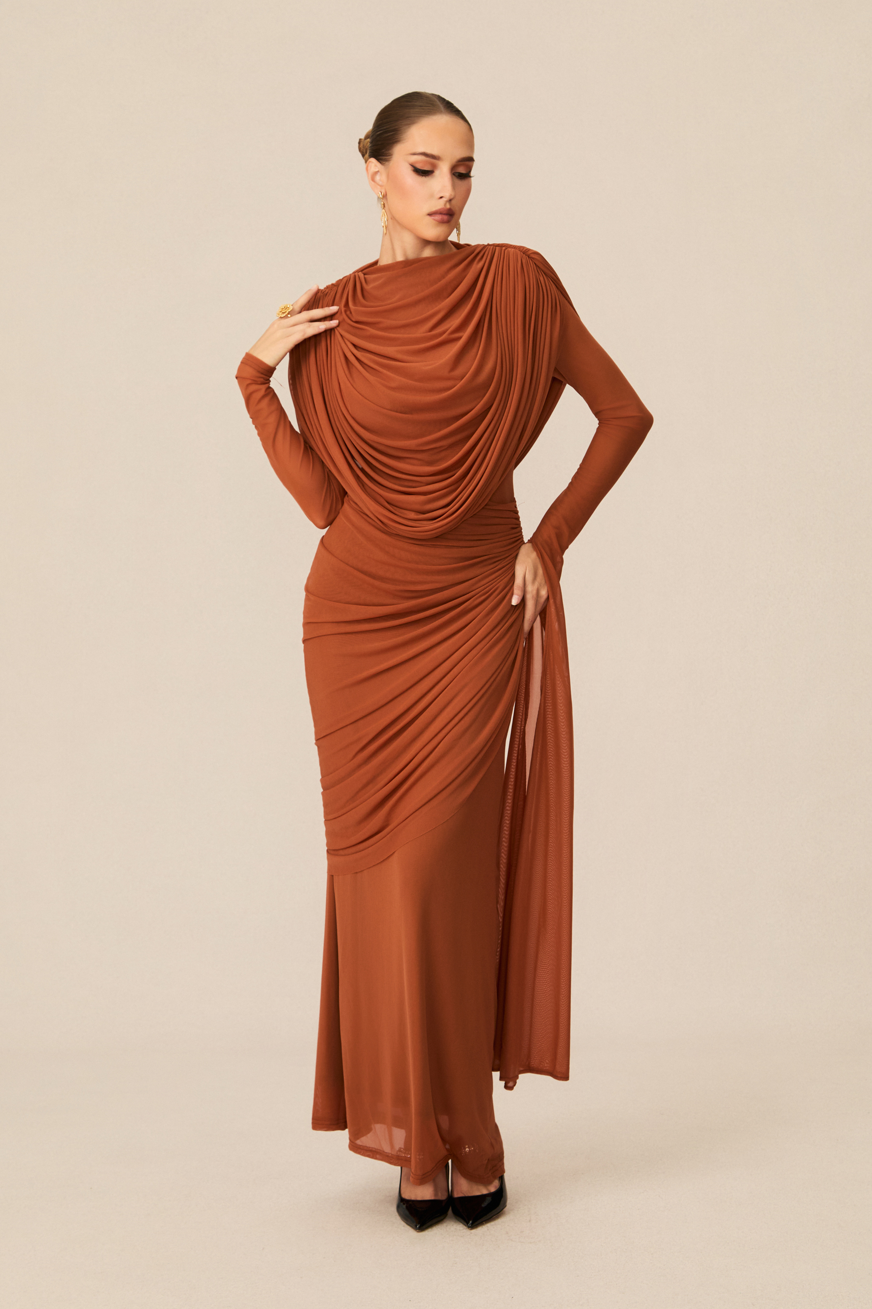 Katrina Cowl Neck Long Sleeve Maxi Dress-purelyfable