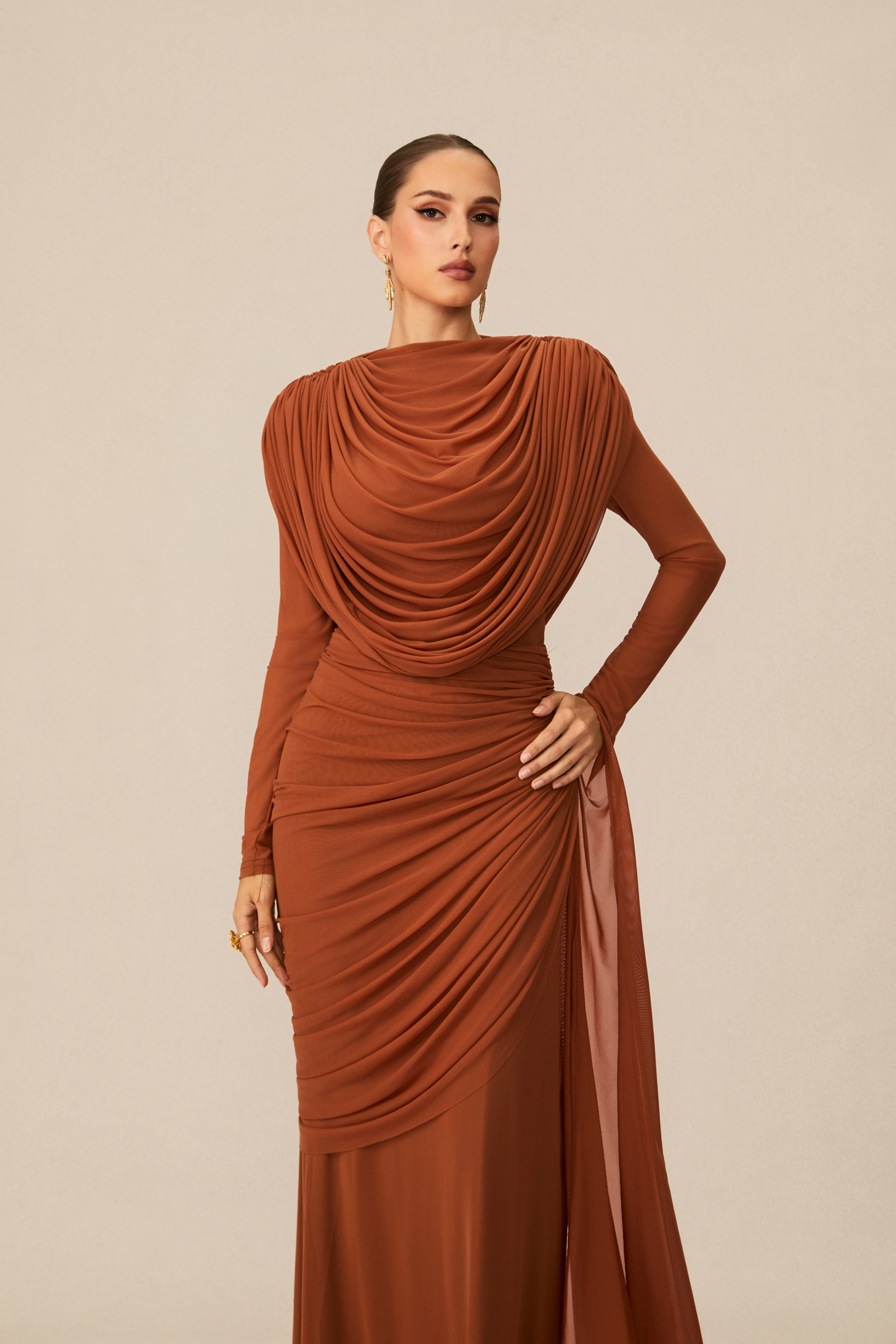 Katrina Cowl Neck Long Sleeve Maxi Dress-purelyfable