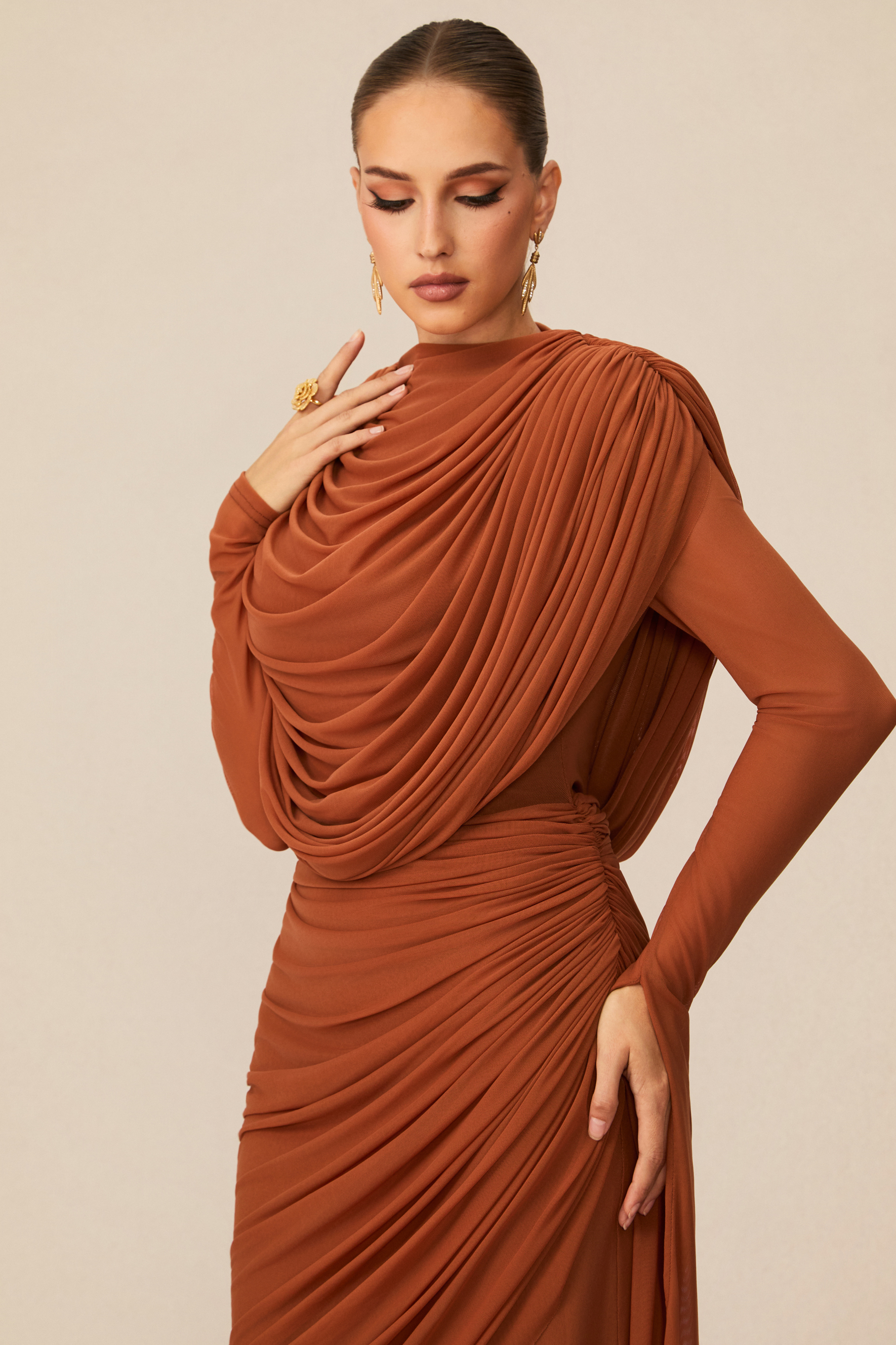 Katrina Cowl Neck Long Sleeve Maxi Dress-purelyfable