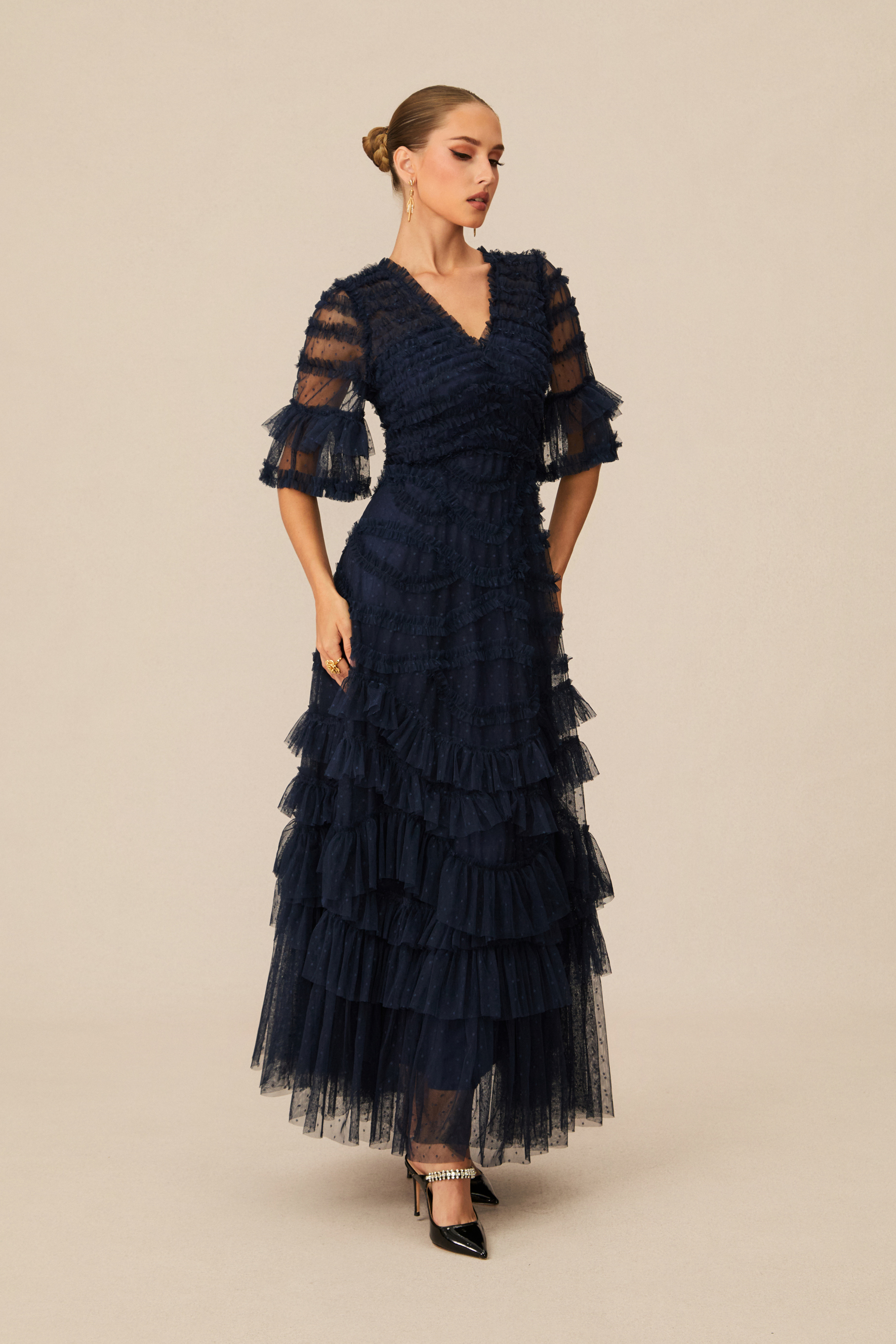 Impressively Delightful Dark Blue Tiered Ruffle Maxi Dress-purelyfable