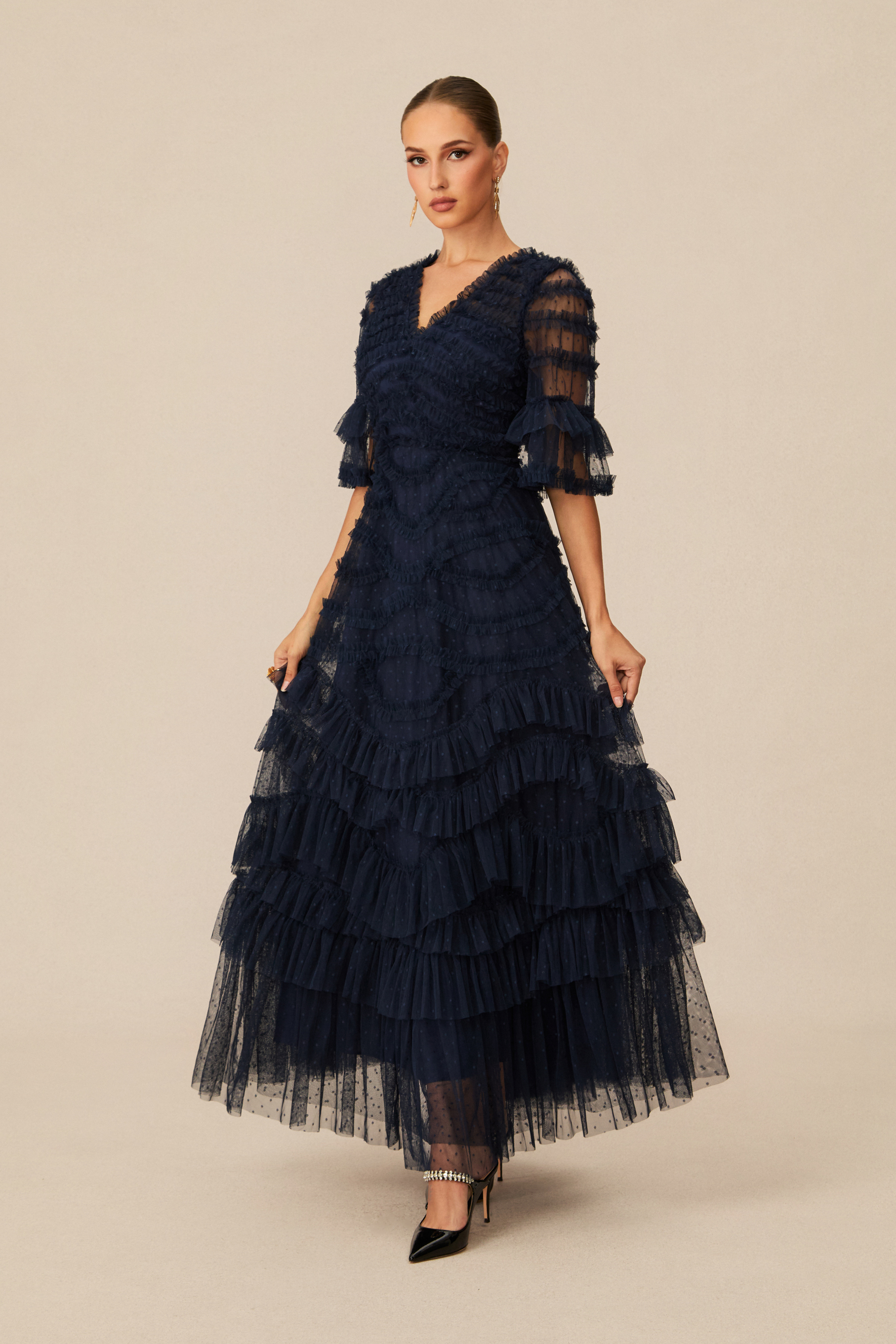 Impressively Delightful Dark Blue Tiered Ruffle Maxi Dress-purelyfable