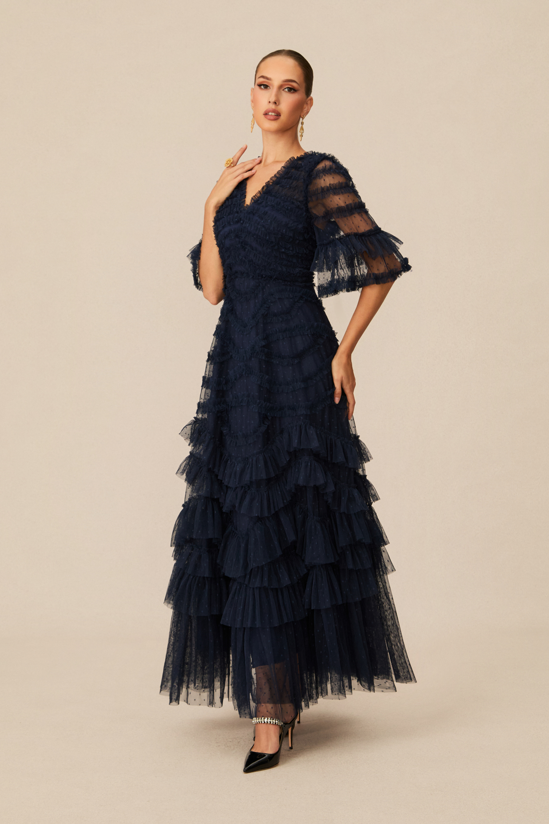 Impressively Delightful Dark Blue Tiered Ruffle Maxi Dress-purelyfable
