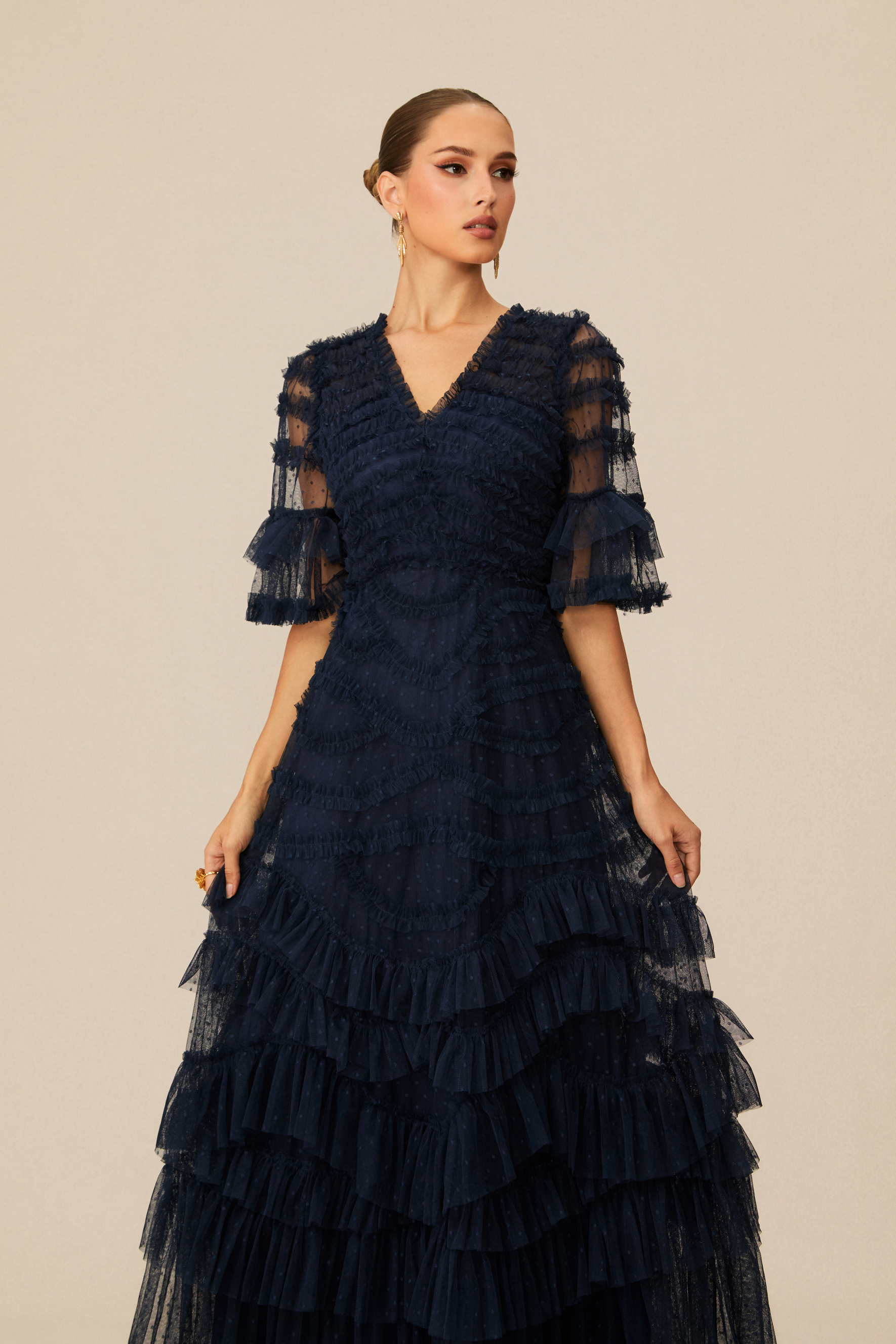 Impressively Delightful Dark Blue Tiered Ruffle Maxi Dress-purelyfable