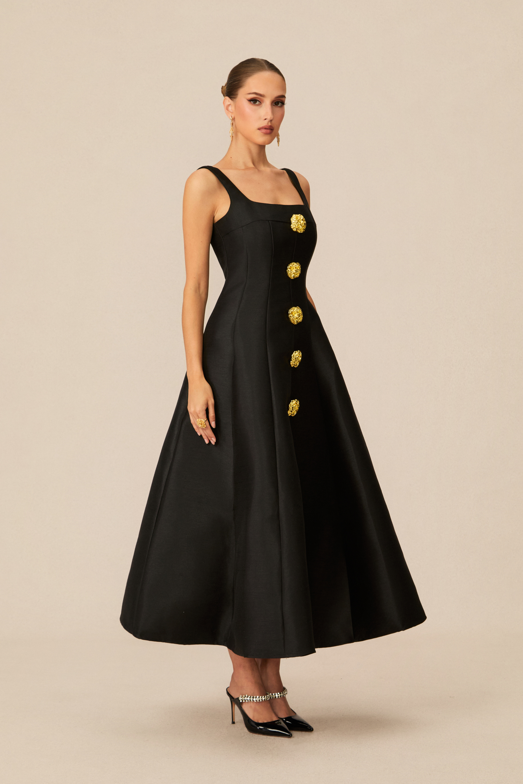 Elegant Mood Black Embellished Square Neck Midi Dress-purelyfable