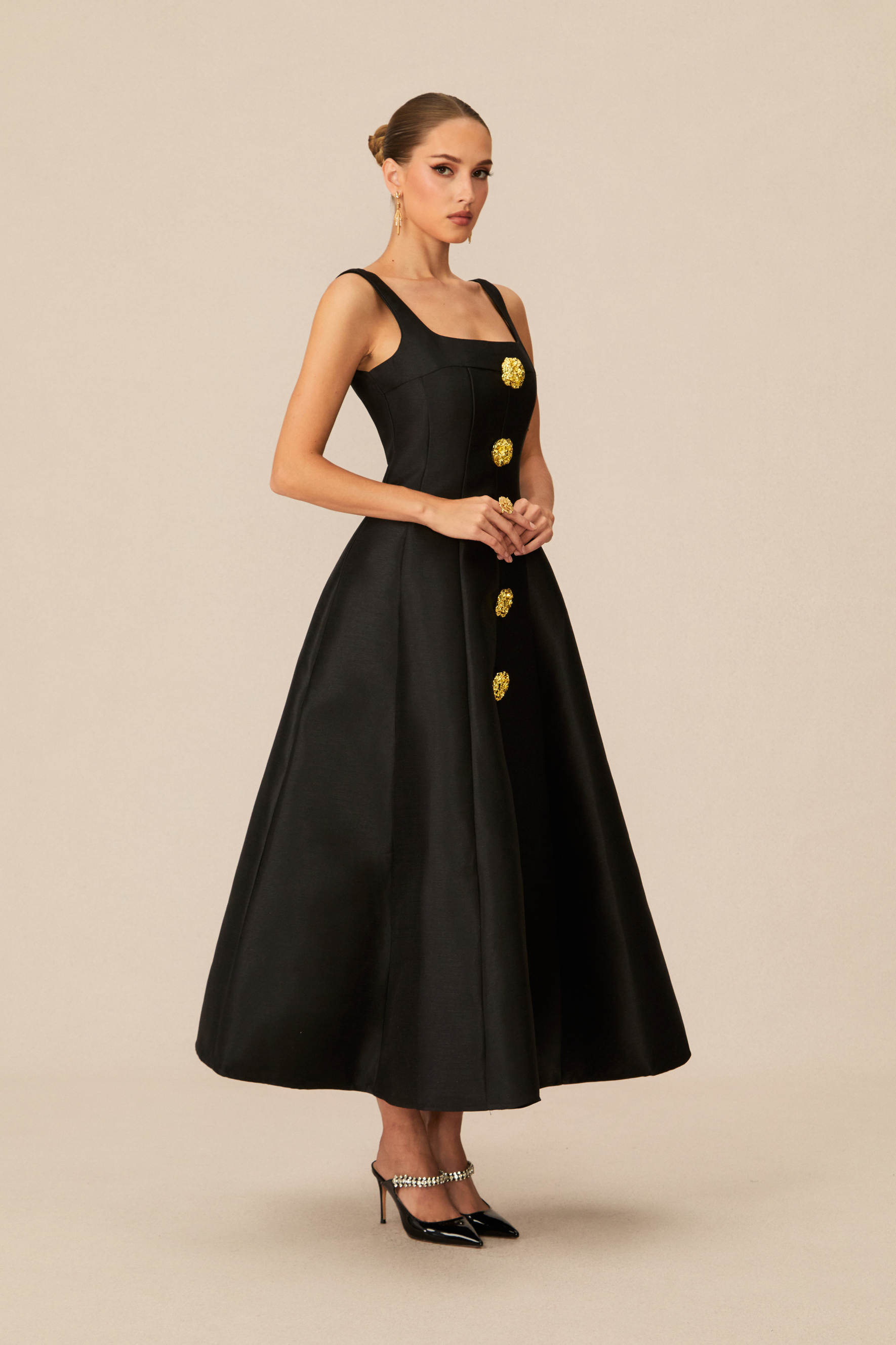 Elegant Mood Black Embellished Square Neck Midi Dress-purelyfable
