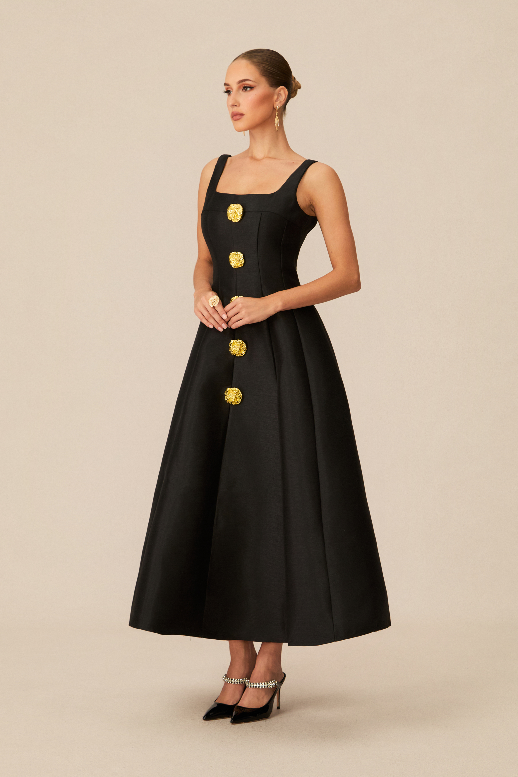 Elegant Mood Black Embellished Square Neck Midi Dress-purelyfable