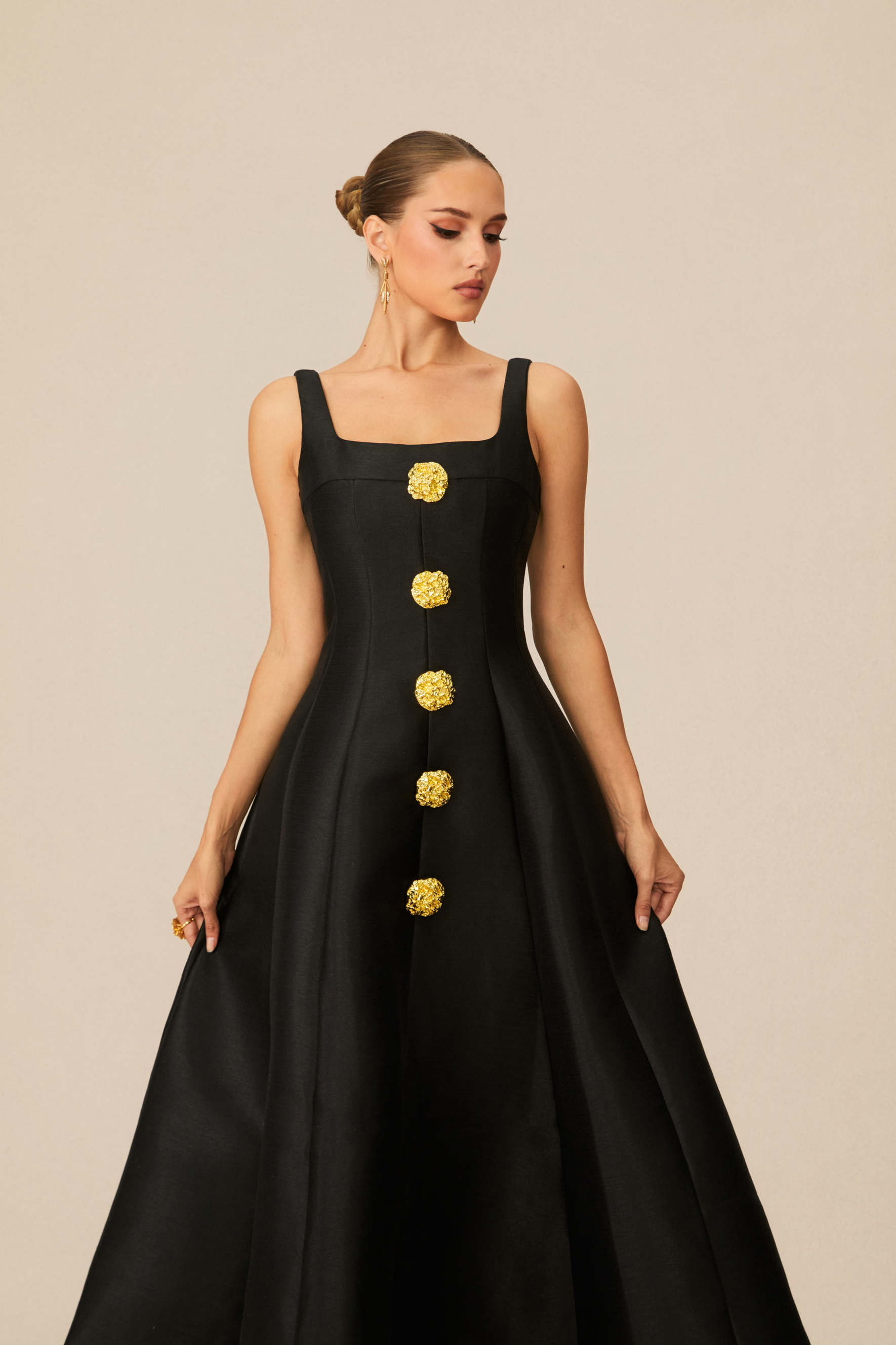 Elegant Mood Black Embellished Square Neck Midi Dress-purelyfable