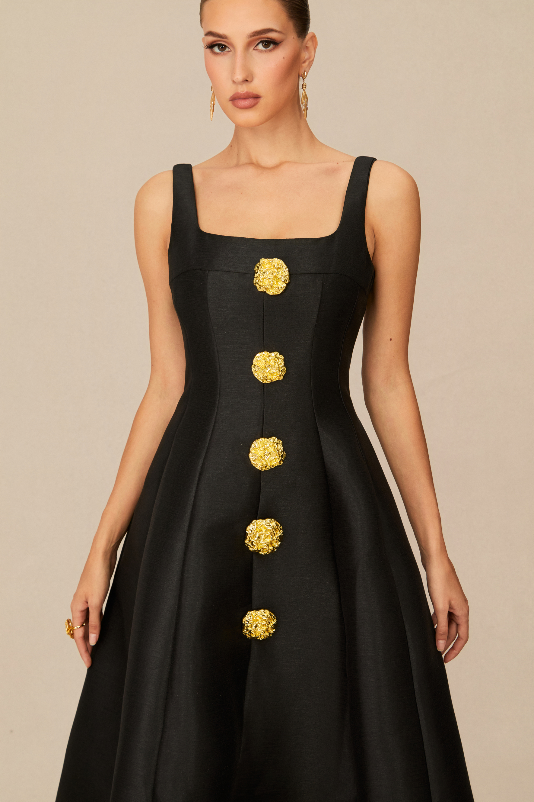 Elegant Mood Black Embellished Square Neck Midi Dress-purelyfable