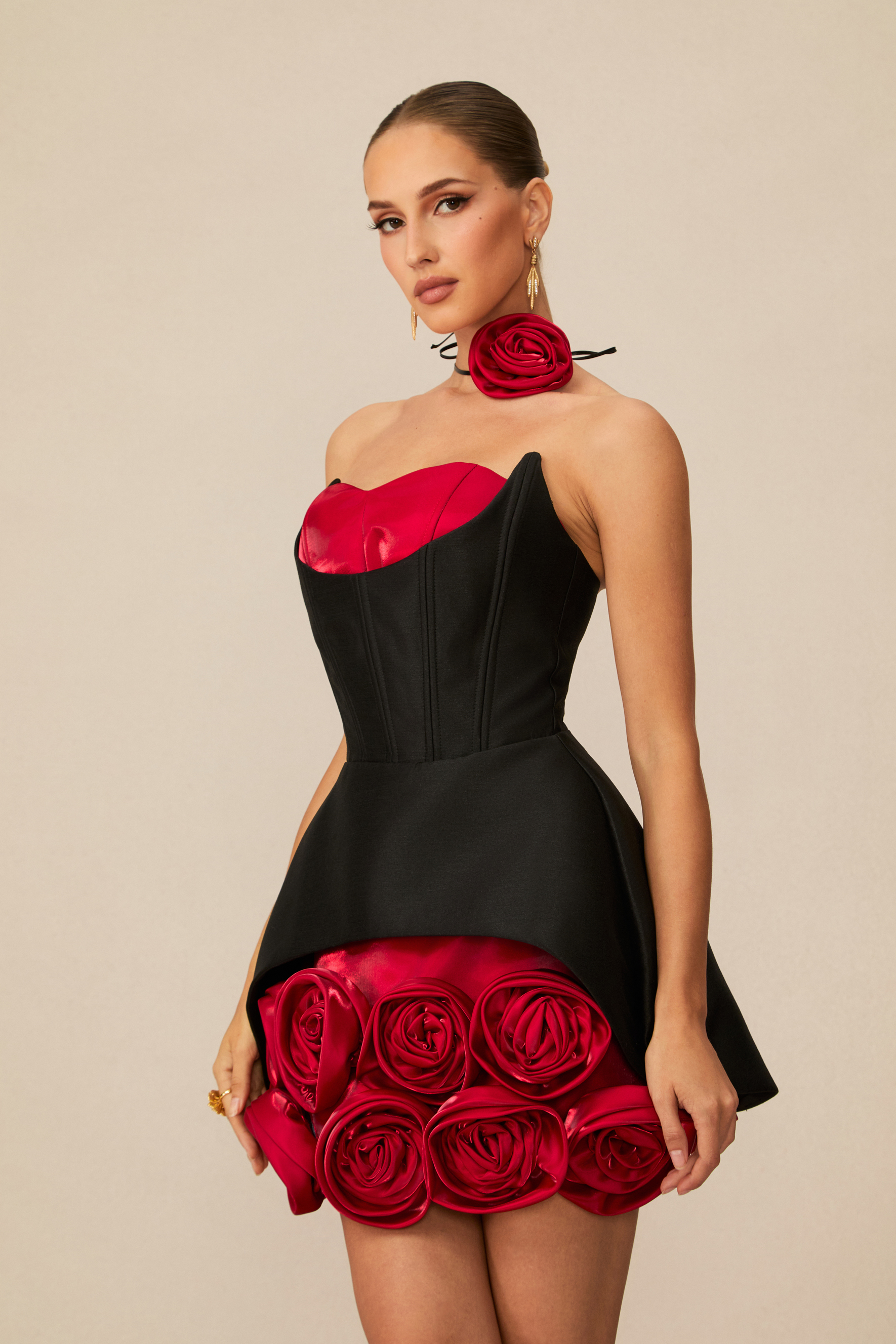 Enticing Aesthetic Black Rosette Corset Mini Dress-purelyfable
