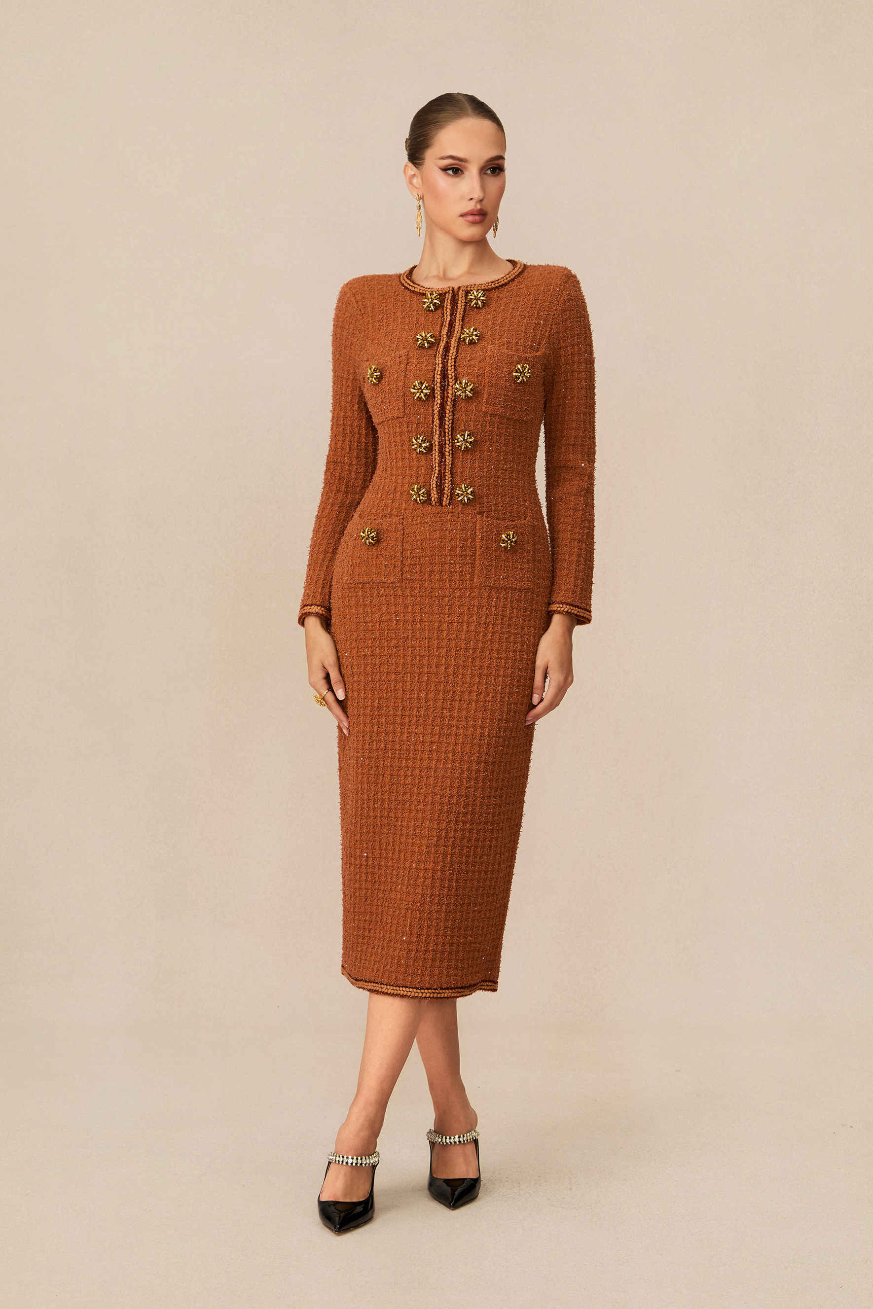 Cultivated Poise Brown Crystal Button Tweed Midi Dress-purelyfable