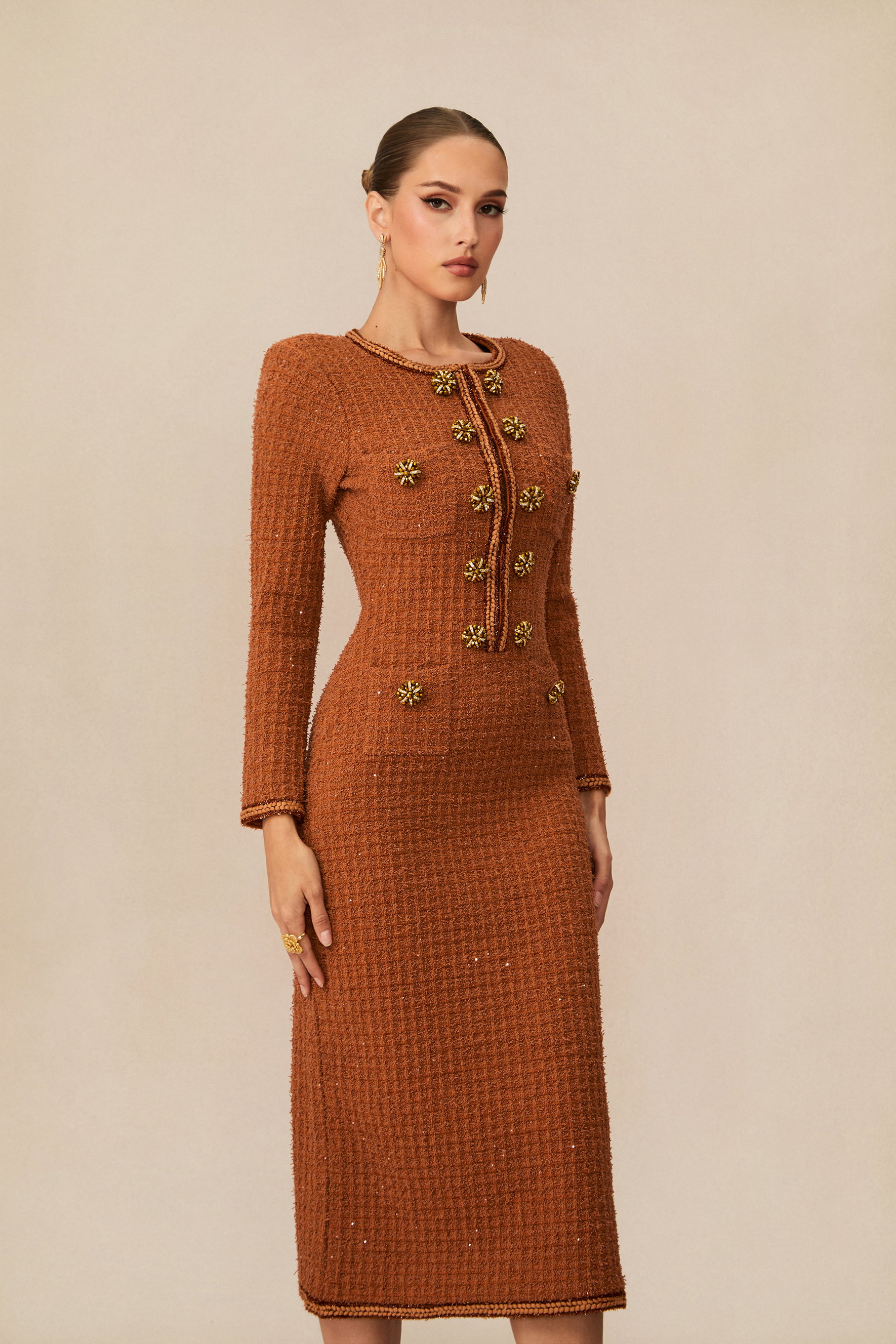 Cultivated Poise Brown Crystal Button Tweed Midi Dress-purelyfable