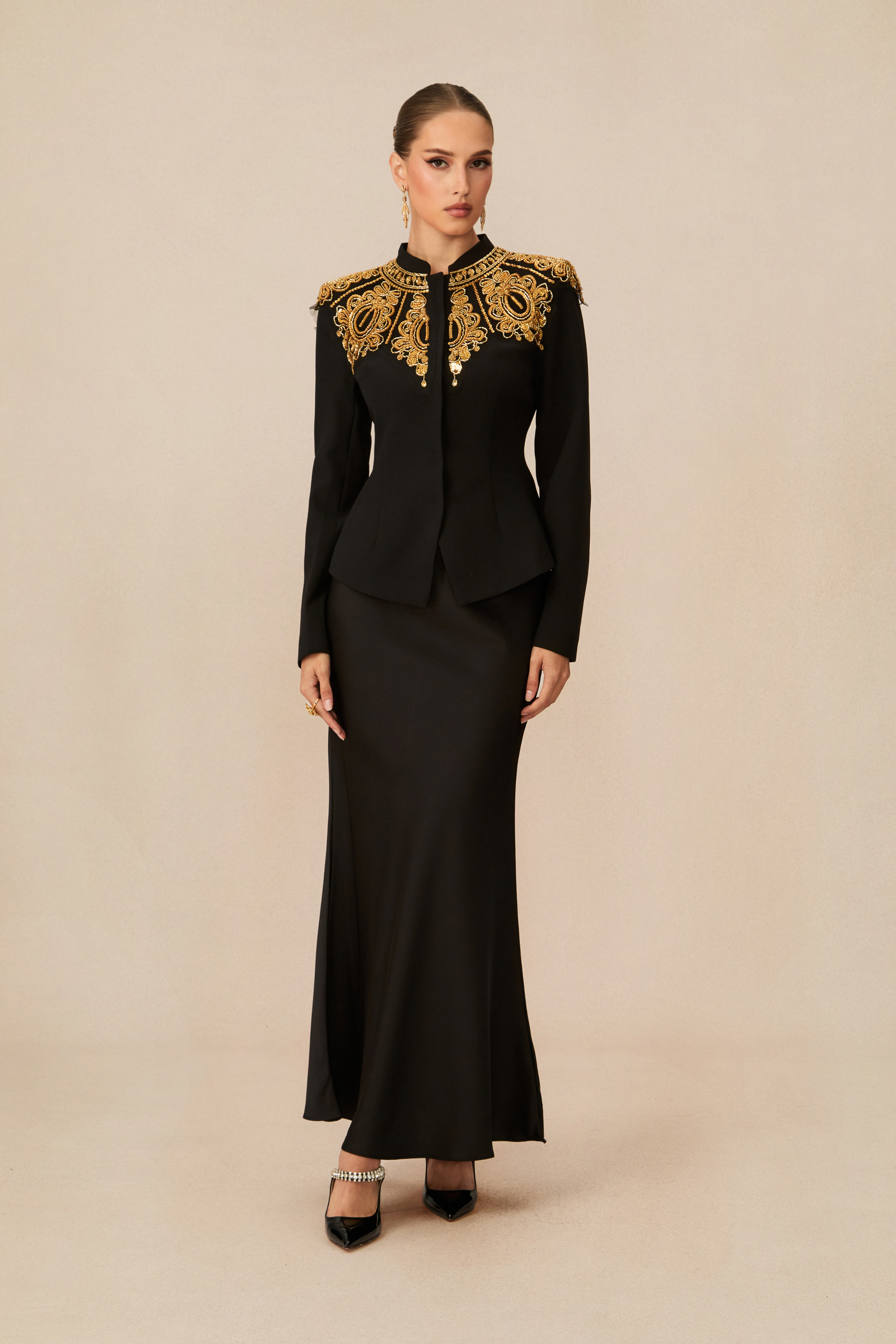 Regal Charm Black Embroidered Blazer-purelyfable