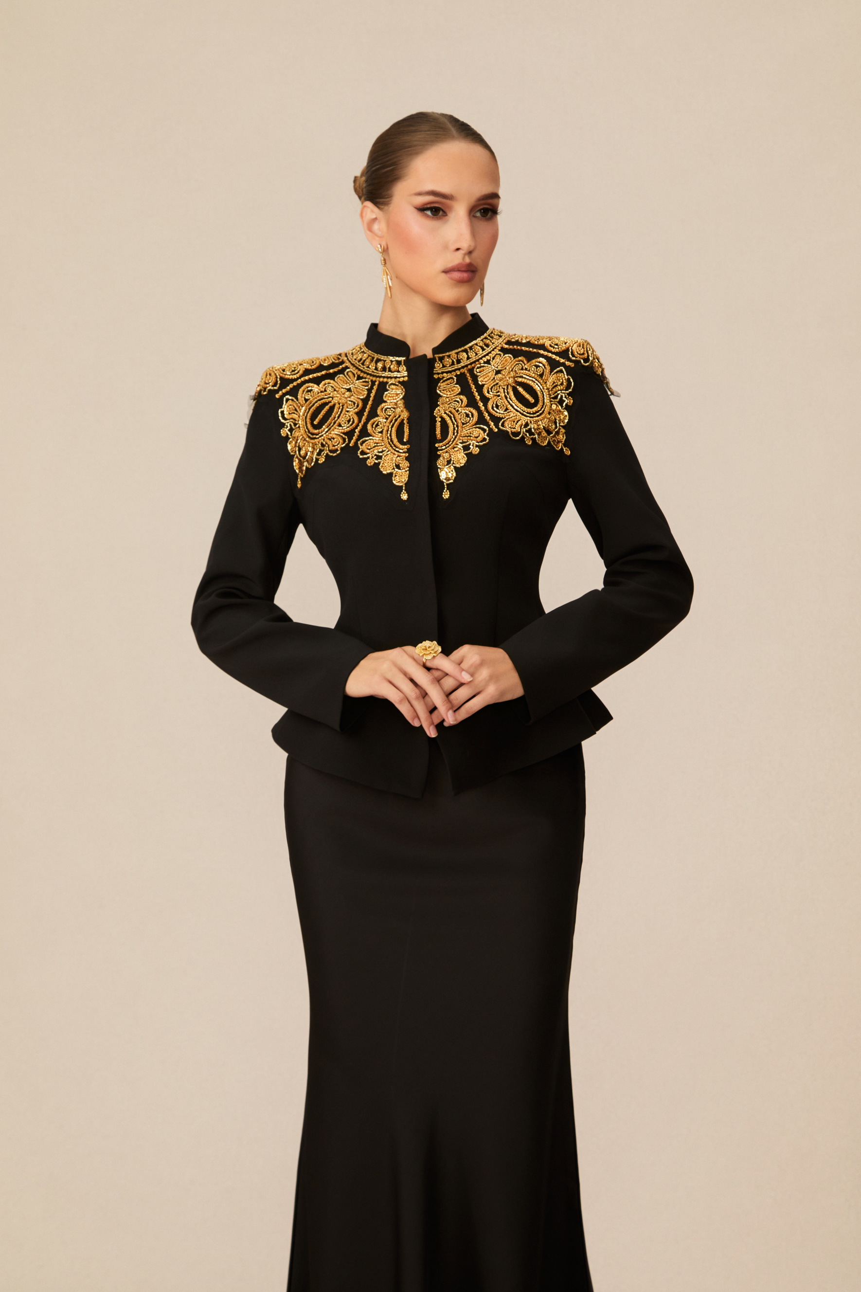 Regal Charm Black Embroidered Blazer-purelyfable