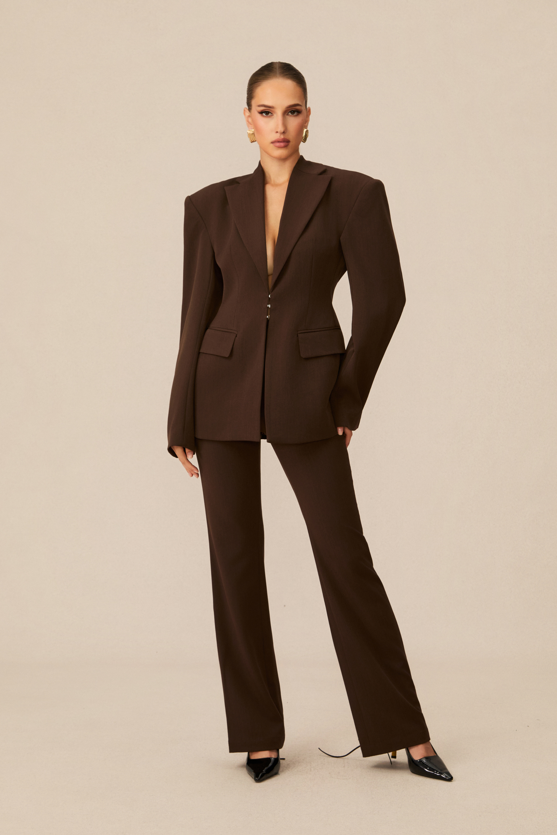 Joanna Lace Up Wide Shoulder Blazer & Trousers Set-purelyfable