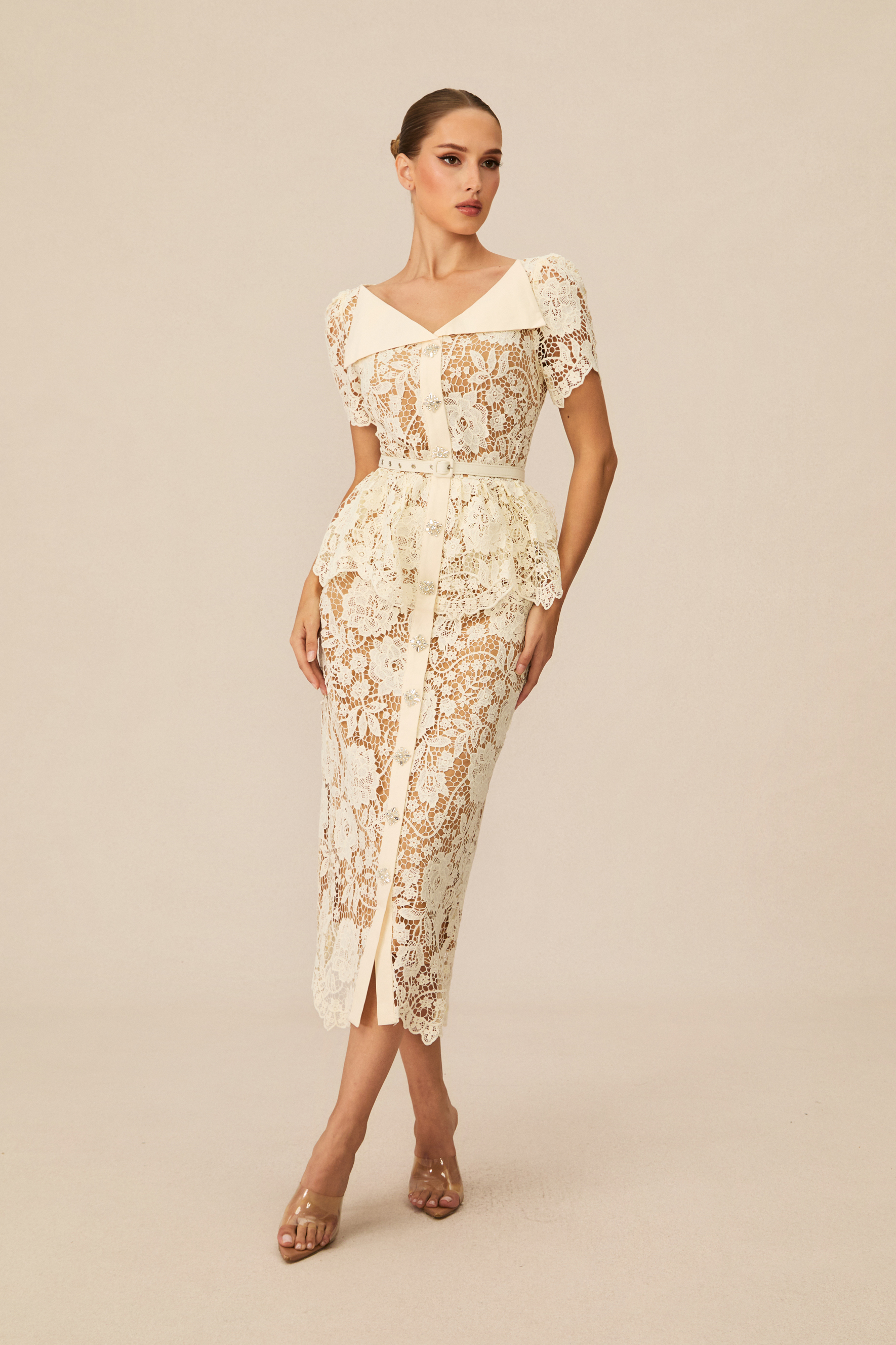 Larina Floral Lace V-neck Midi Dress-purelyfable