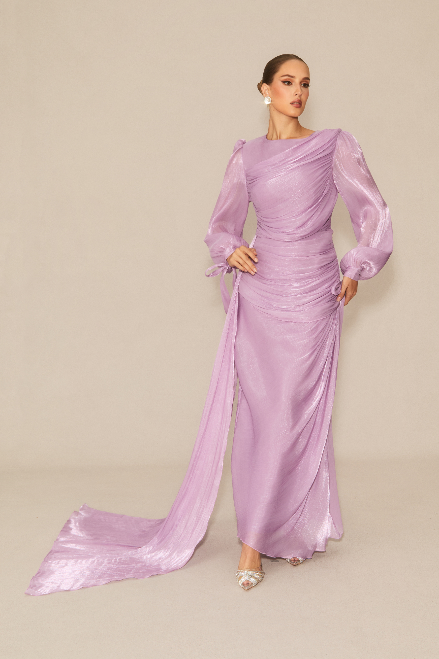 Sonia Lantern Sleeve Ruched Maxi Dress in Purple-purelyfable