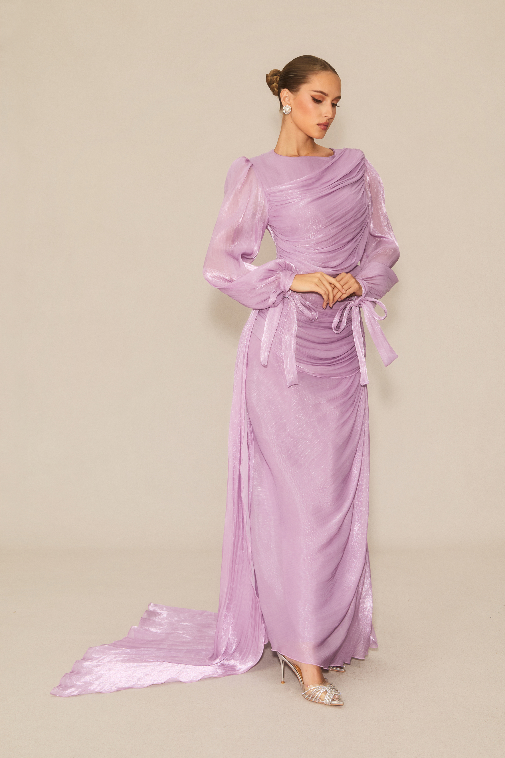 Sonia Lantern Sleeve Ruched Maxi Dress in Purple-purelyfable