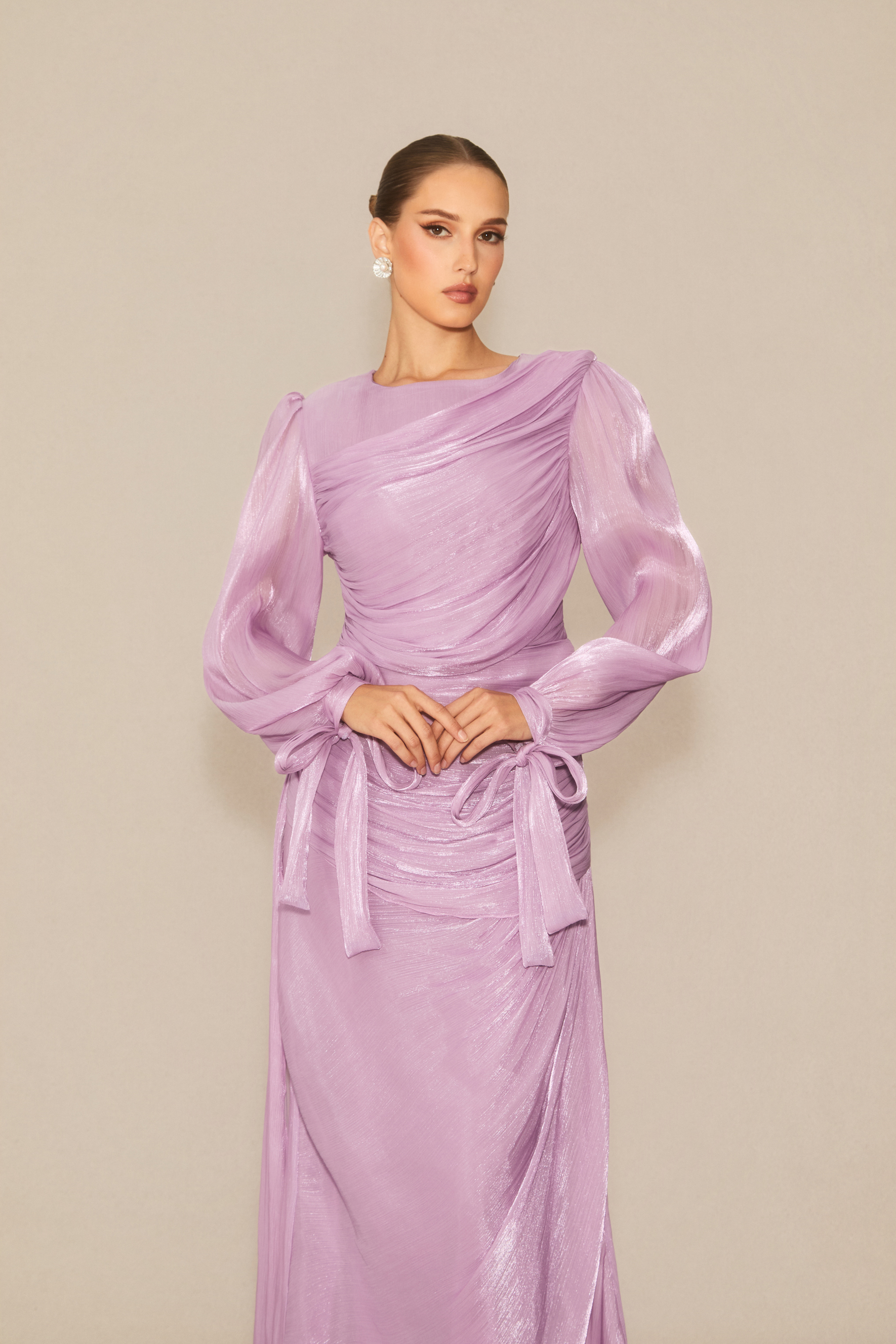 Sonia Lantern Sleeve Ruched Maxi Dress in Purple-purelyfable
