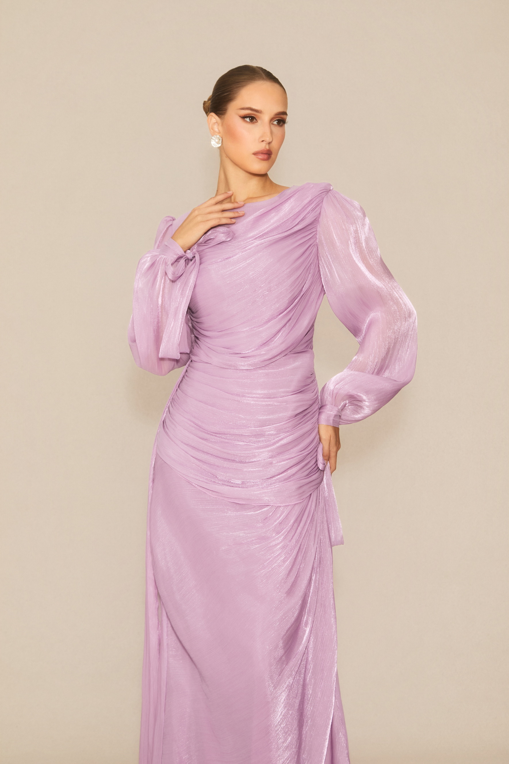 Sonia Lantern Sleeve Ruched Maxi Dress in Purple-purelyfable