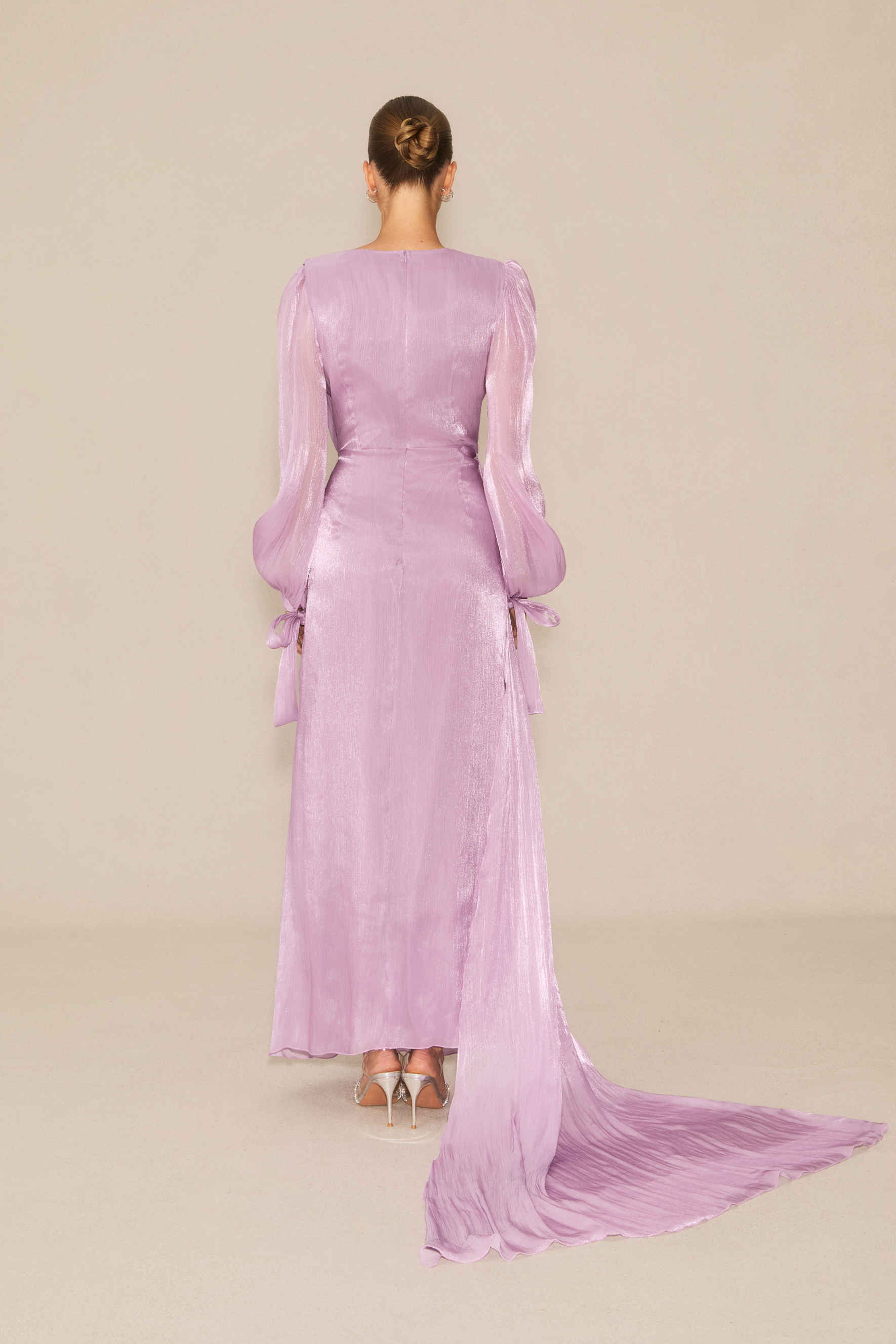 Sonia Lantern Sleeve Ruched Maxi Dress in Purple-purelyfable