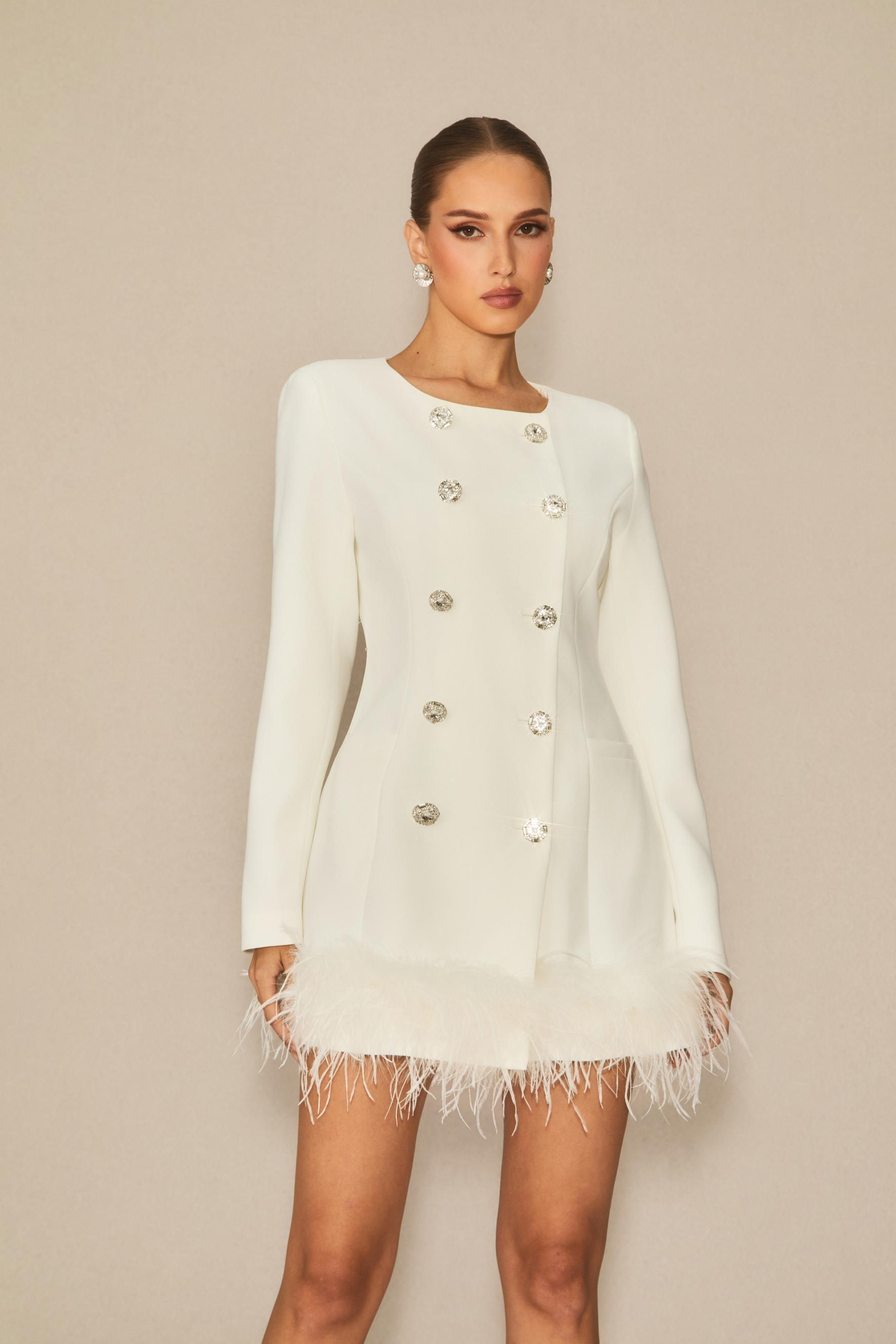 Uniquely Confident White Double Breasted Feather Mini Dress-purelyfable