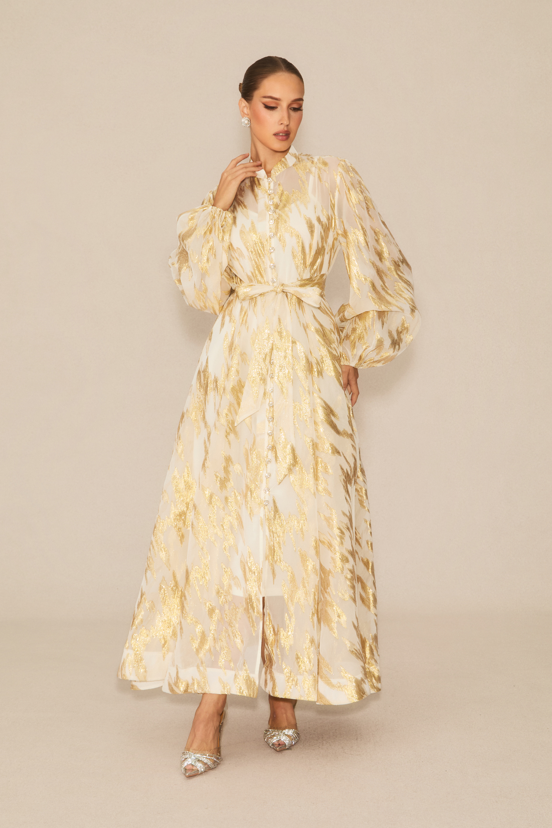 Aitana Metallic Print Puff Sleeve Maxi Dress-purelyfable