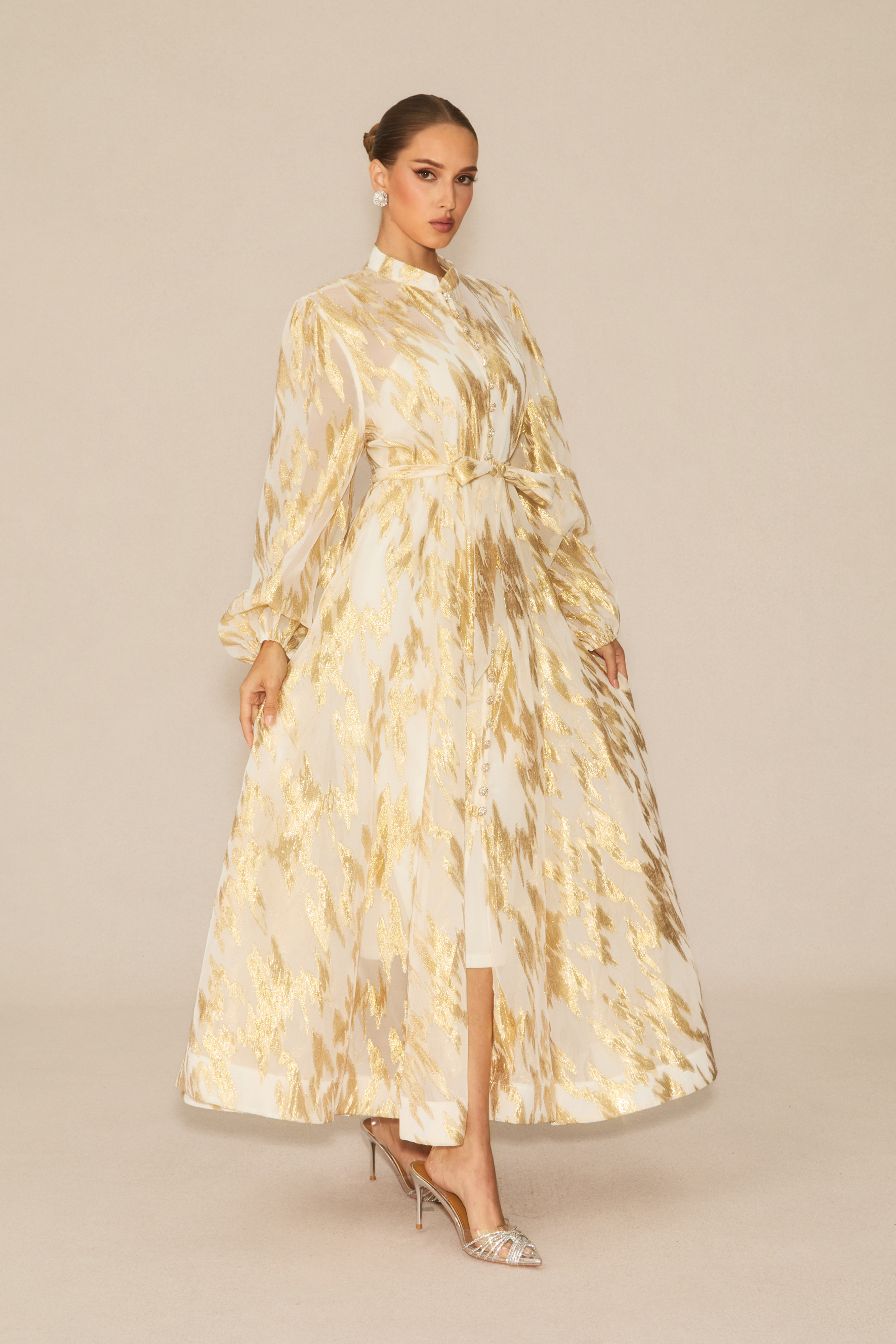 Aitana Metallic Print Puff Sleeve Maxi Dress-purelyfable