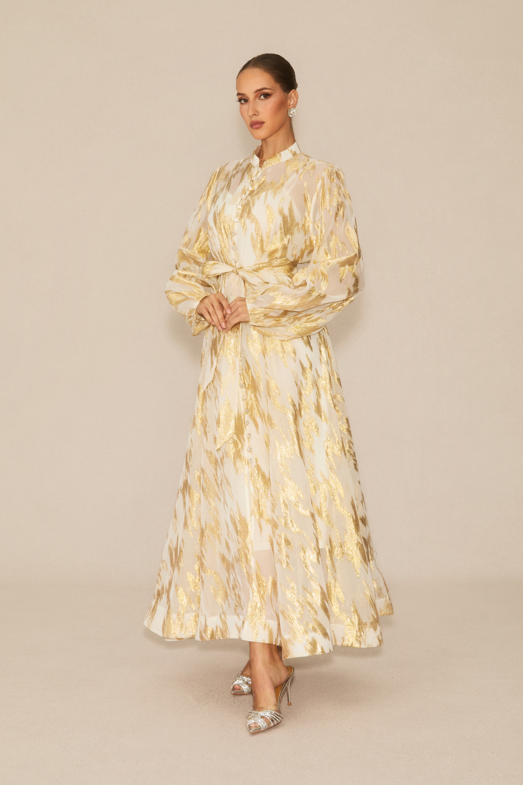 Aitana Metallic Print Puff Sleeve Maxi Dress-purelyfable