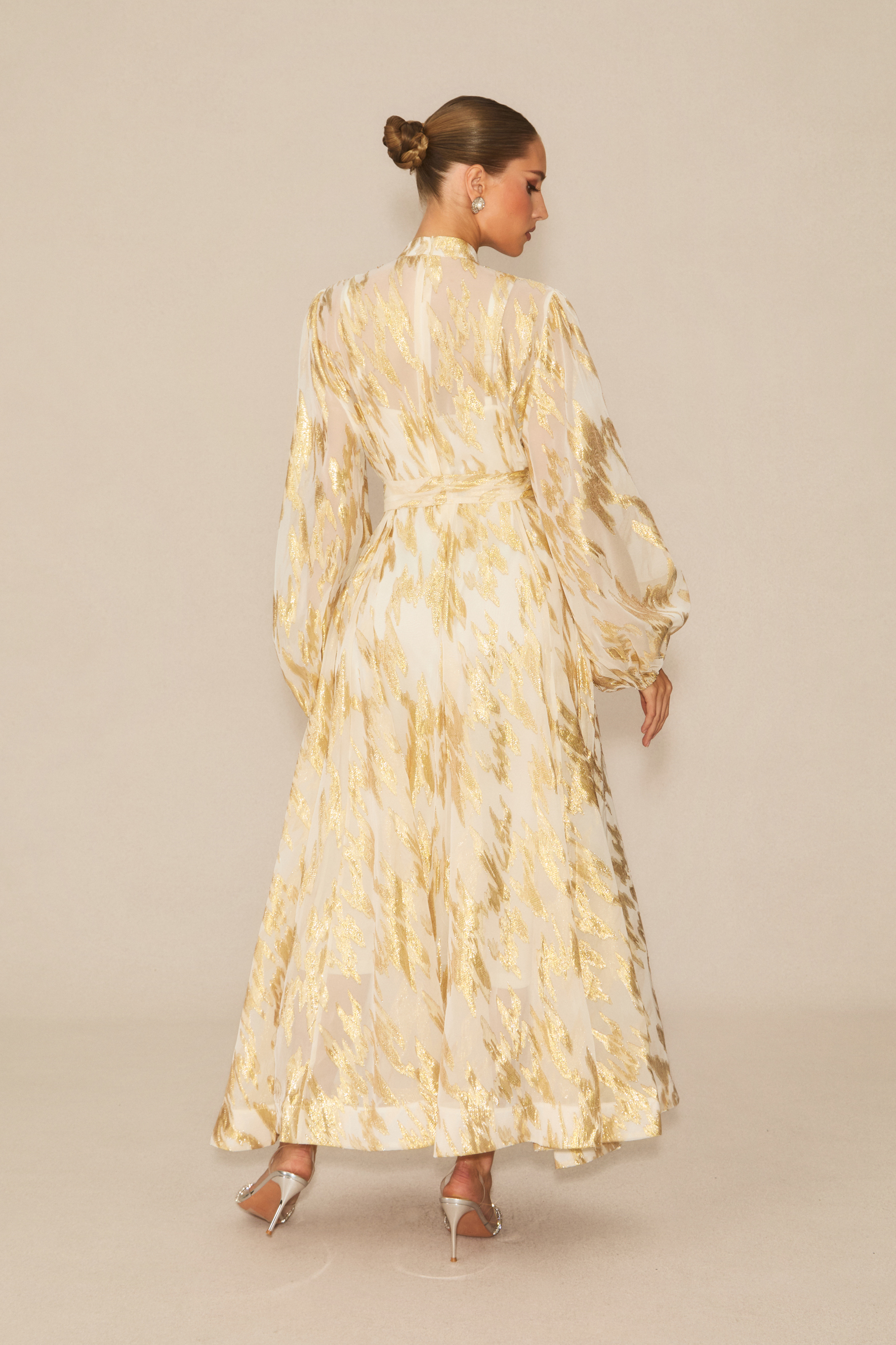 Aitana Metallic Print Puff Sleeve Maxi Dress-purelyfable