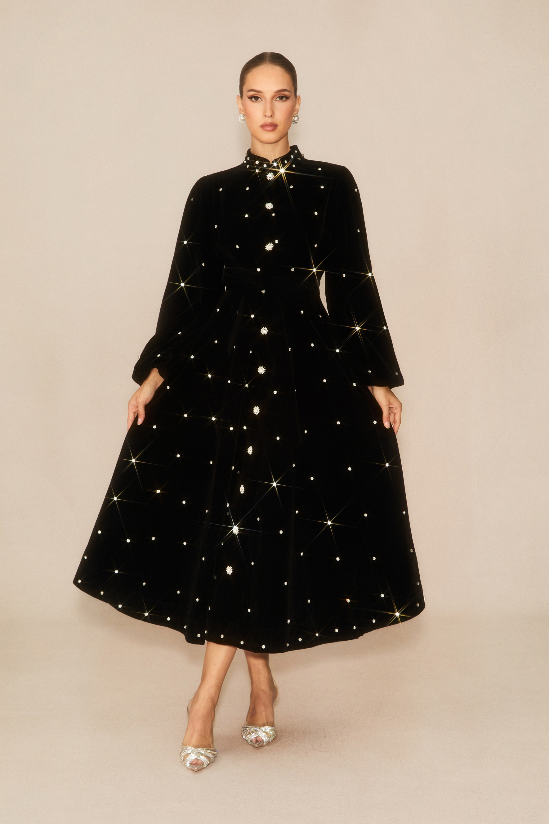 Luxe Possibilities Black Crystal Embellished Velvet Midi Dress-purelyfable