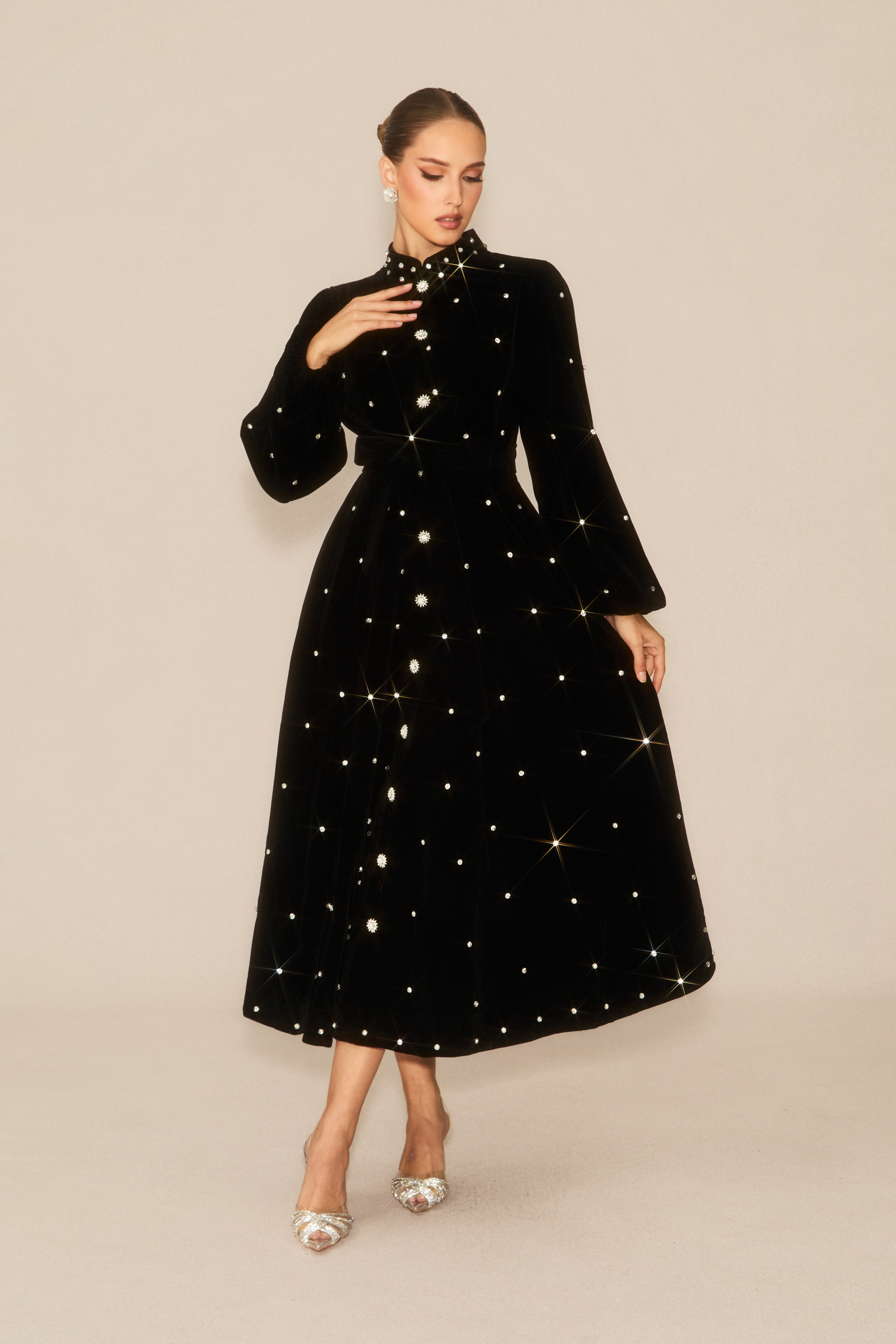 Luxe Possibilities Black Crystal Embellished Velvet Midi Dress-purelyfable