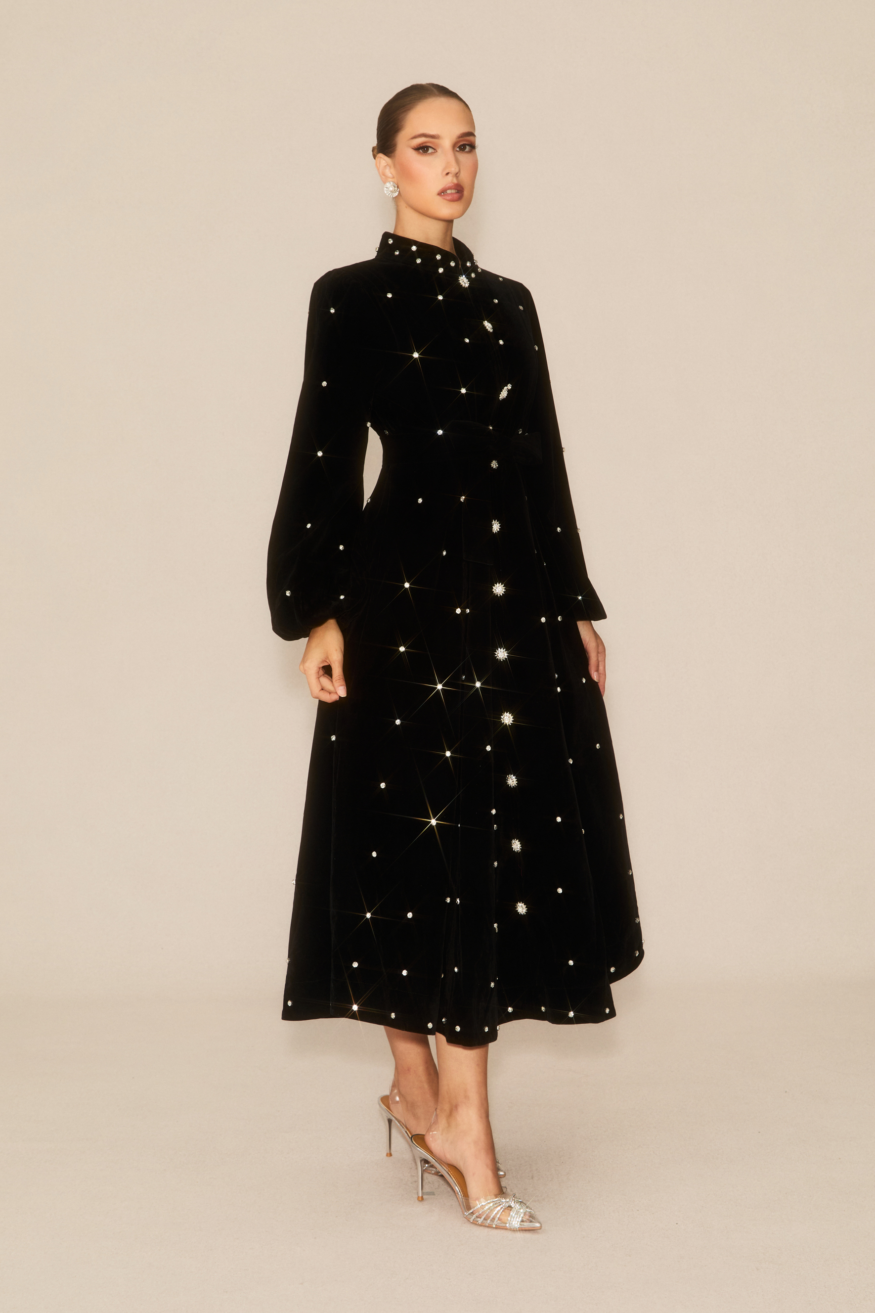 Luxe Possibilities Black Crystal Embellished Velvet Midi Dress-purelyfable