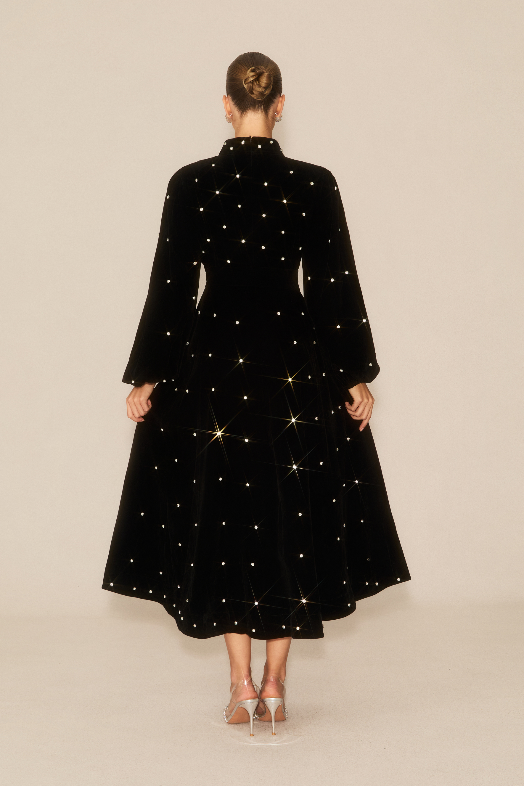 Luxe Possibilities Black Crystal Embellished Velvet Midi Dress-purelyfable