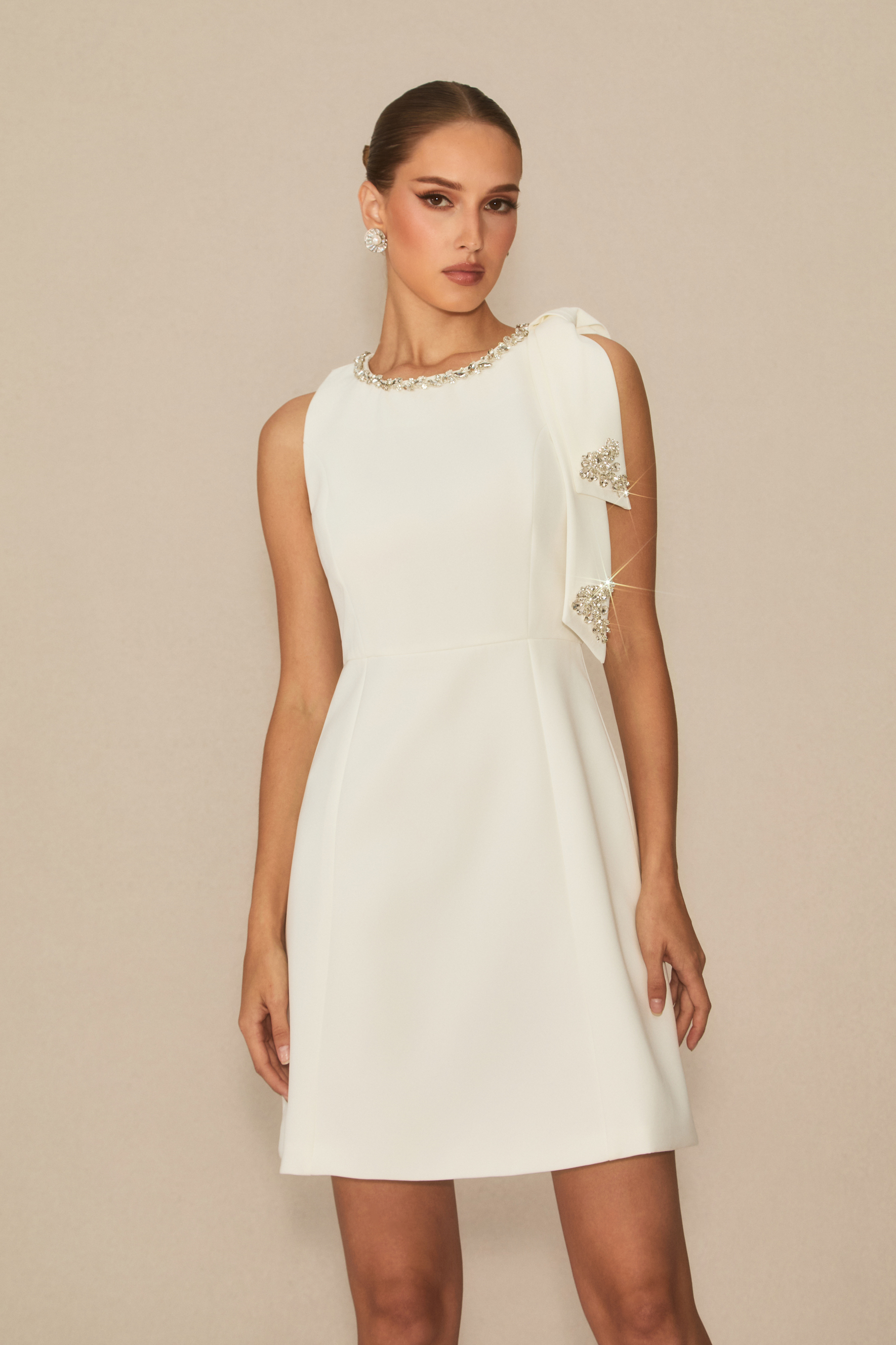 Always Celebrating White Embellished Bow Mini Dress-purelyfable
