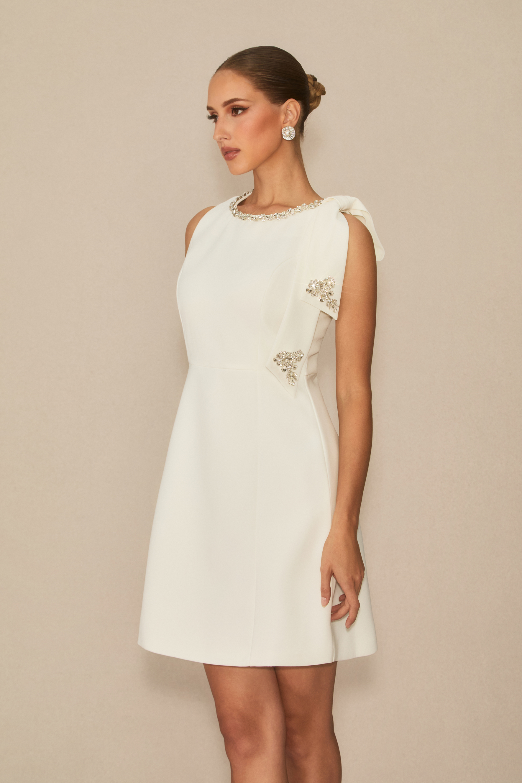 Always Celebrating White Embellished Bow Mini Dress-purelyfable